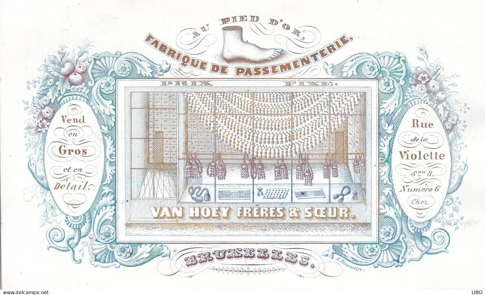 BRUXELLES Fabrique De Passementerie VAN HOEY Frères Et Soeur AU PIED D'OR Carte Porcelaine C. 1860 Format Carte Postale - Visitekaartjes