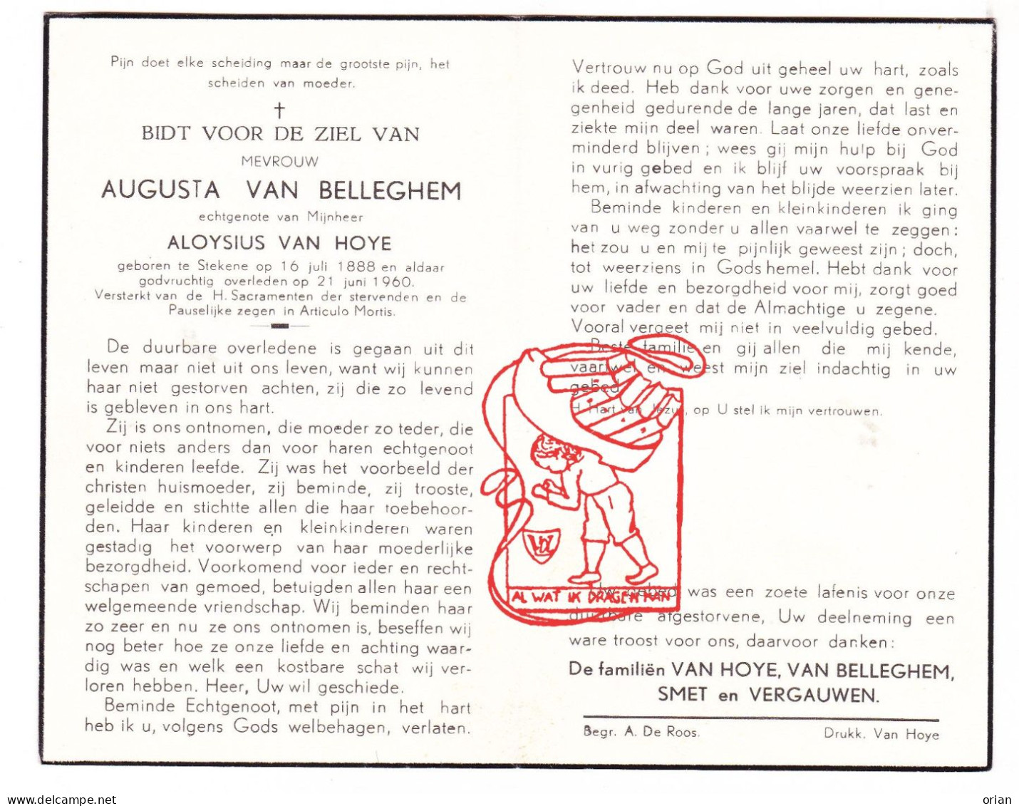 DP Augusta Van Belleghem ° Stekene 1888 † 1960 X Aloysius Van Hoye // Smet Vergauwen - Devotion Images