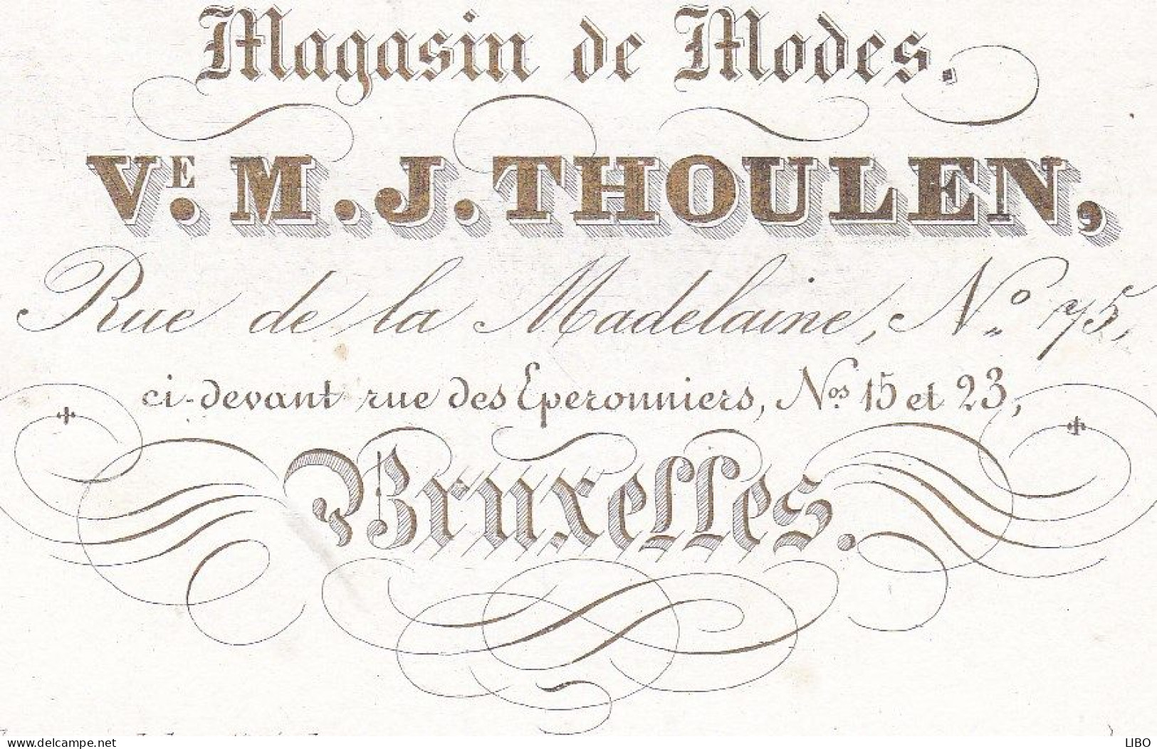 BRUXELLES Magasin De Modes V. THOULEN Rue De La Madeleine 75 Carte De Visite Porcelaine C. 1860 - Visitenkarten