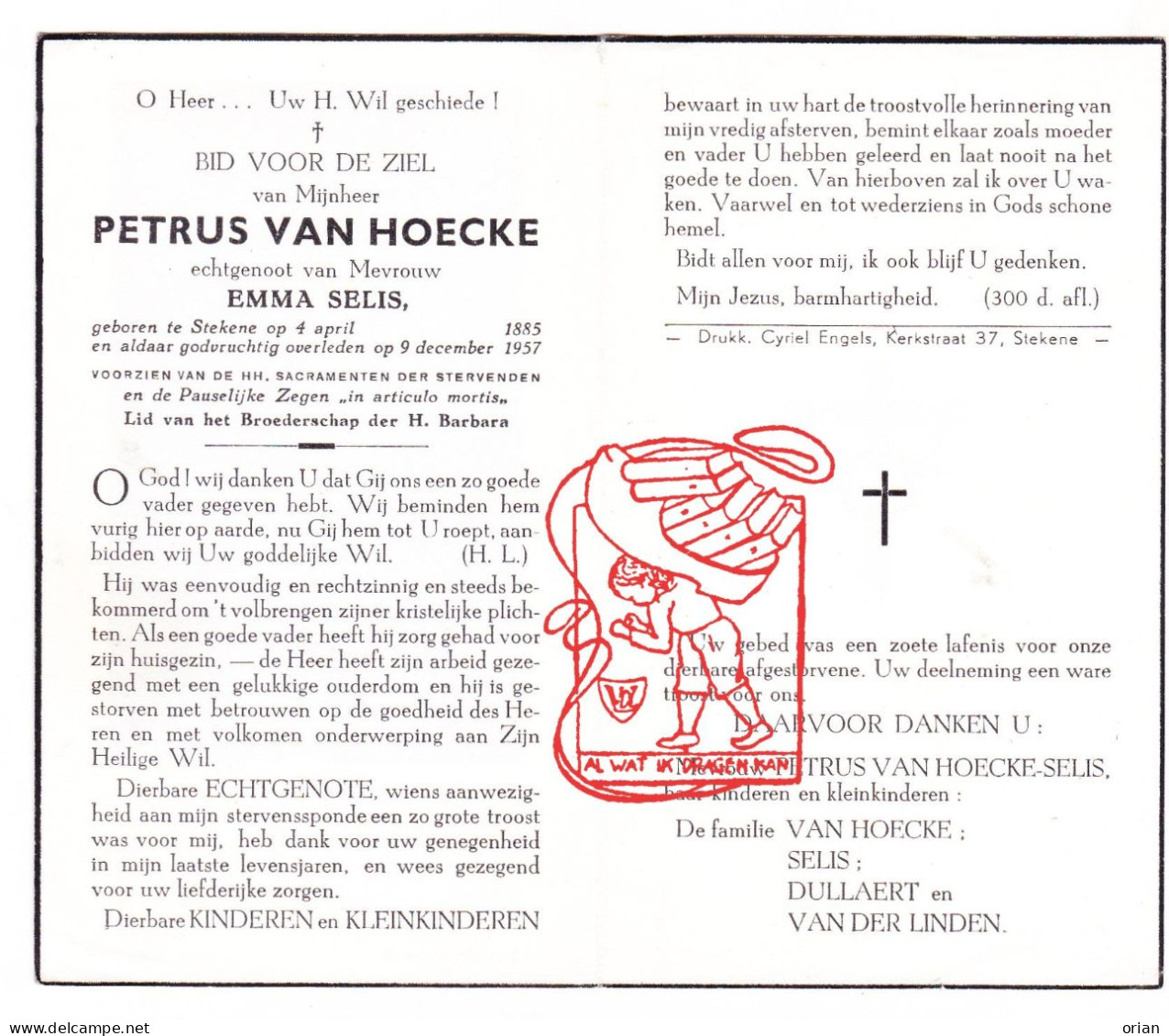 DP Petrus Van Hoecke ° Stekene 1885 † 1957 X Emma Selis // Dullaert Van Der Linden - Imágenes Religiosas