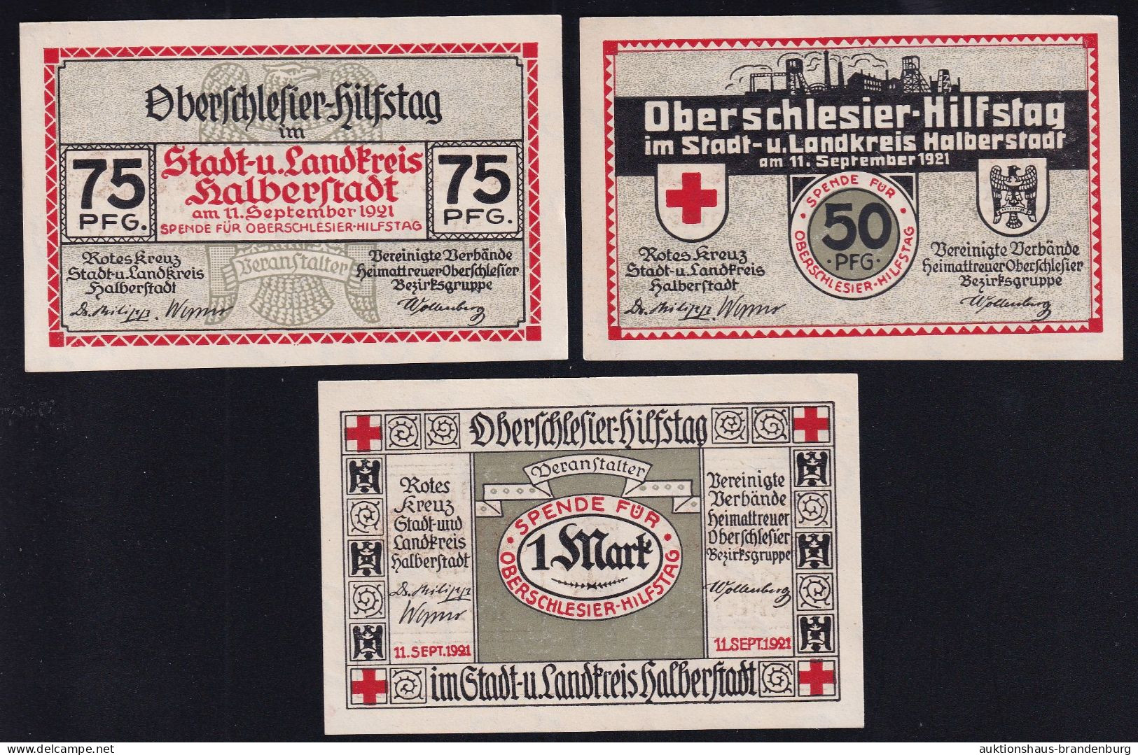 3x Halberstadt: 50, 75 Pfg. + 1 Mark 11.9.1921 - Rotes Kreuz Und Verbände Heimattreuer Oberschlesier - [11] Local Banknote Issues