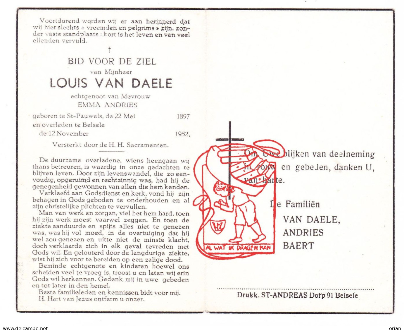 DP Louis Van Daele ° Sint-Pauwels Sint-Gillis-Waas 1897 † Belsele Sint-Niklaas 1952 X Emma Andries // Baert - Devotion Images