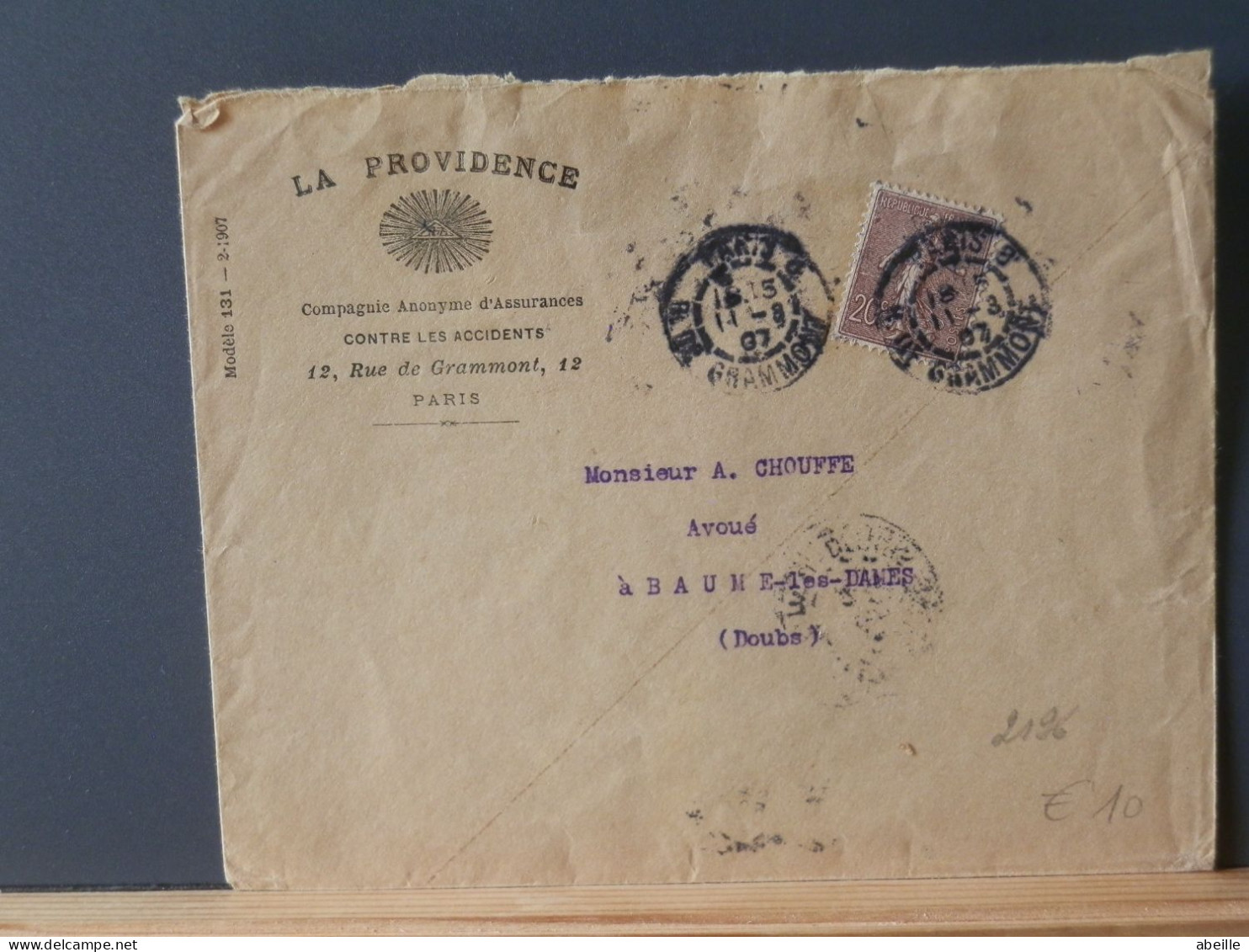 FRANCE/2196   LETTRE 20C BRUN SEMEUSE LIGNEE  SEULE SUR LETTRE - 1903-60 Säerin, Untergrund Schraffiert