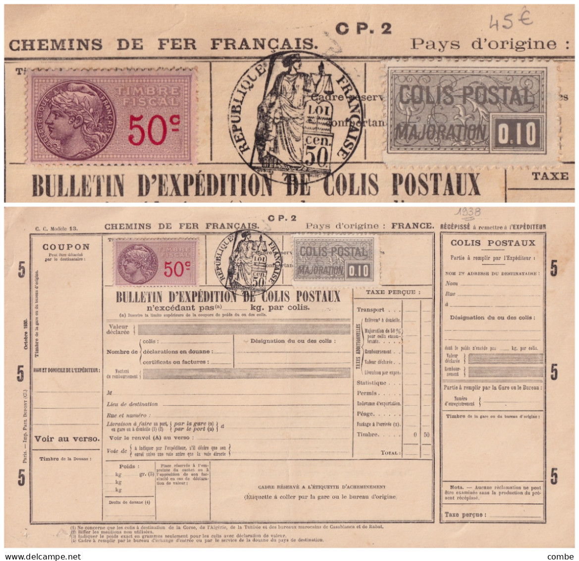 COLIS POSTAUX. BULLETIN D'EXPEDITION AVEC LE N° 155. MAJORATION 0,10. RARE. + 2 TIMBRES FISCAUX  / 6000 - Lettres & Documents