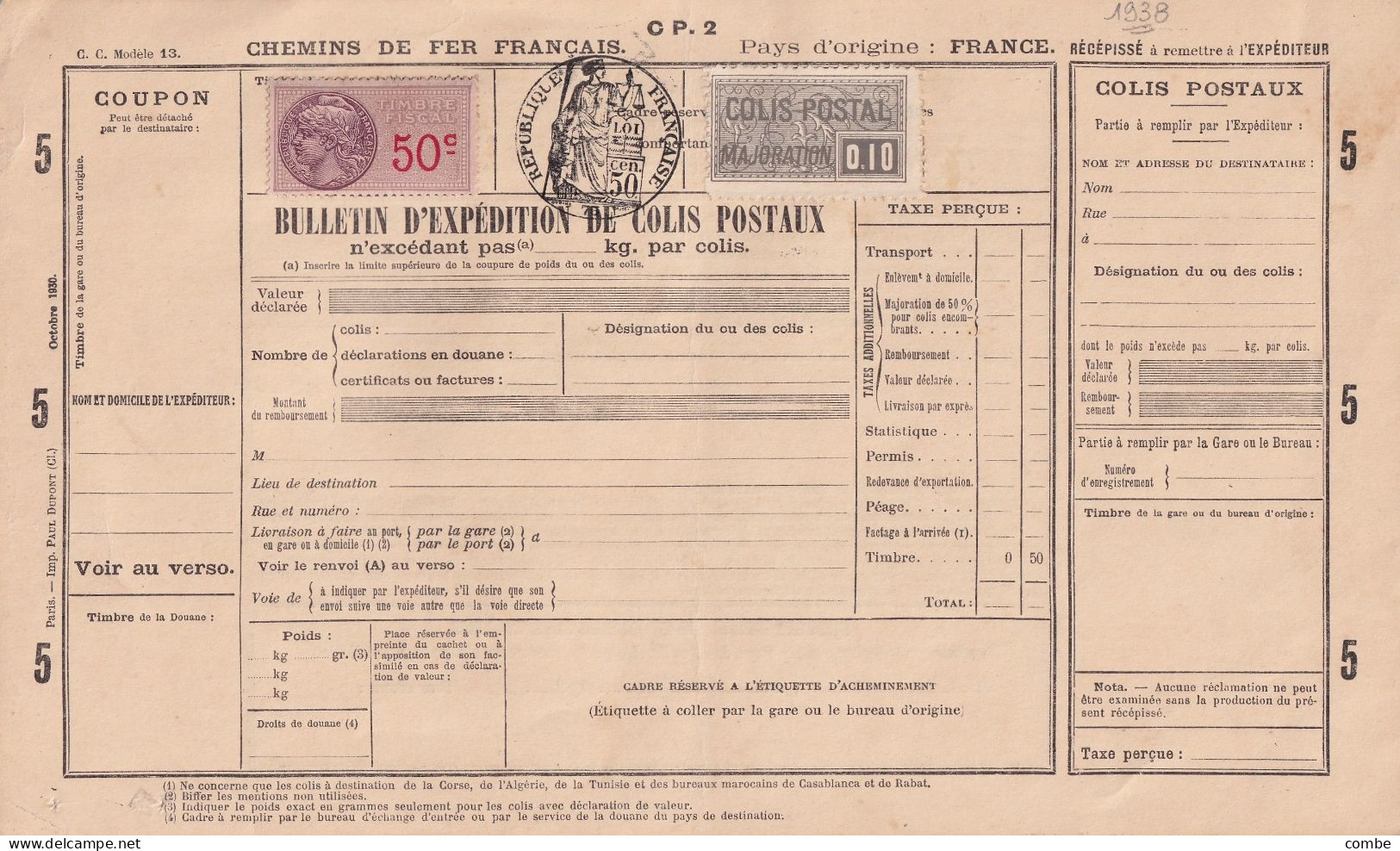 COLIS POSTAUX. BULLETIN D'EXPEDITION AVEC LE N° 155. MAJORATION 0,10. RARE. + 2 TIMBRES FISCAUX  / 6000 - Lettres & Documents