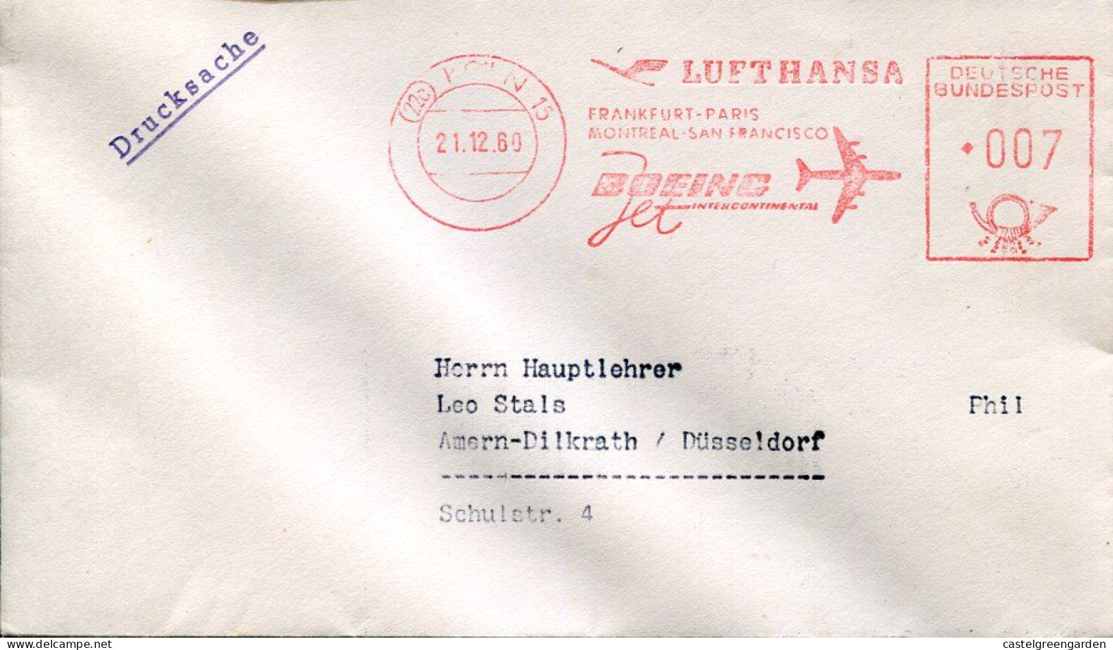 X0452 Germany, Red Meter Freistempel,1960 Koln. Lufthansa Boeing Frankfurt Paris Montreal San Francisco - Frankeermachines (EMA)