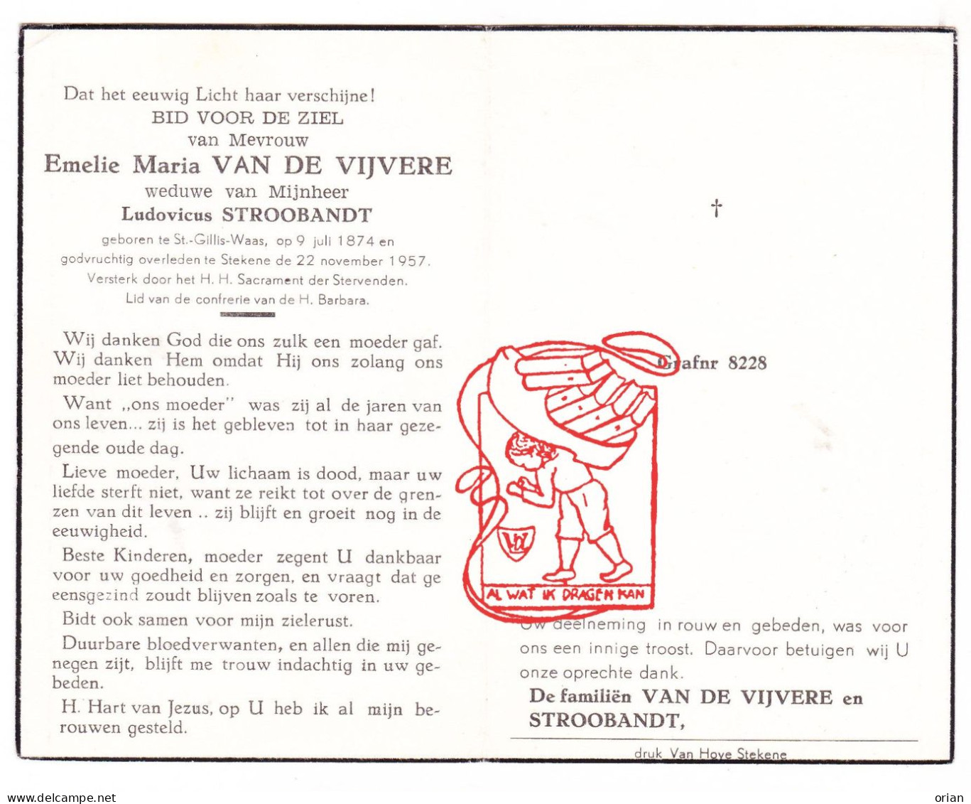 DP Emelie Maria Van De Vijvere ° Sint-Gillis-Waas 1874 † Stekene 1957 X Ludovicus Stroobandt - Devotion Images