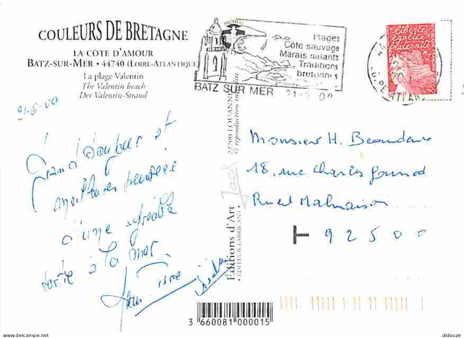 44 - Batz Sur Mer - La Plage Valentin - Vue Aérienne - Flamme Postale - CPM - Voir Scans Recto-Verso - Batz-sur-Mer (Bourg De B.)