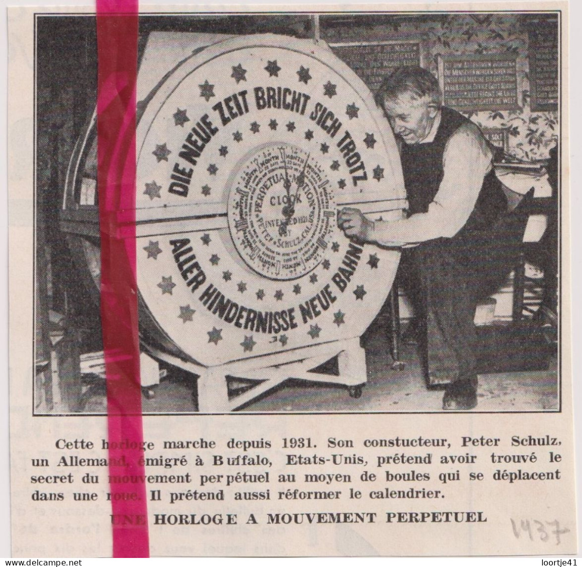 Buffalo USA - Horloge Perpétuel De Peter Schulz - Orig. Knipsel Coupure Tijdschrift Magazine - 1937 - Unclassified