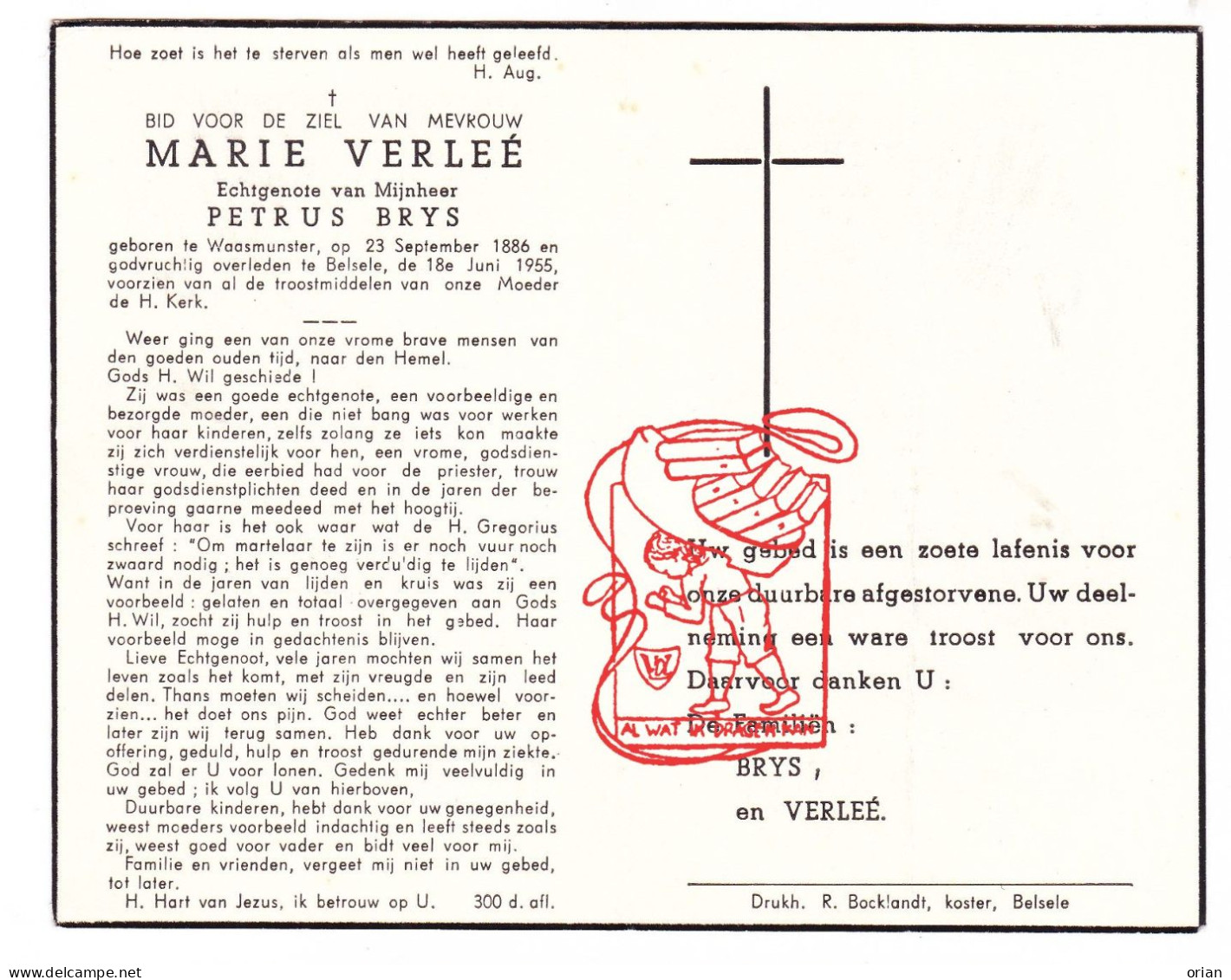 DP MArie Verleé ° Waasmunster 1886 † Belsele Sint-Niklaas 1955 X Petrus Brys - Devotion Images