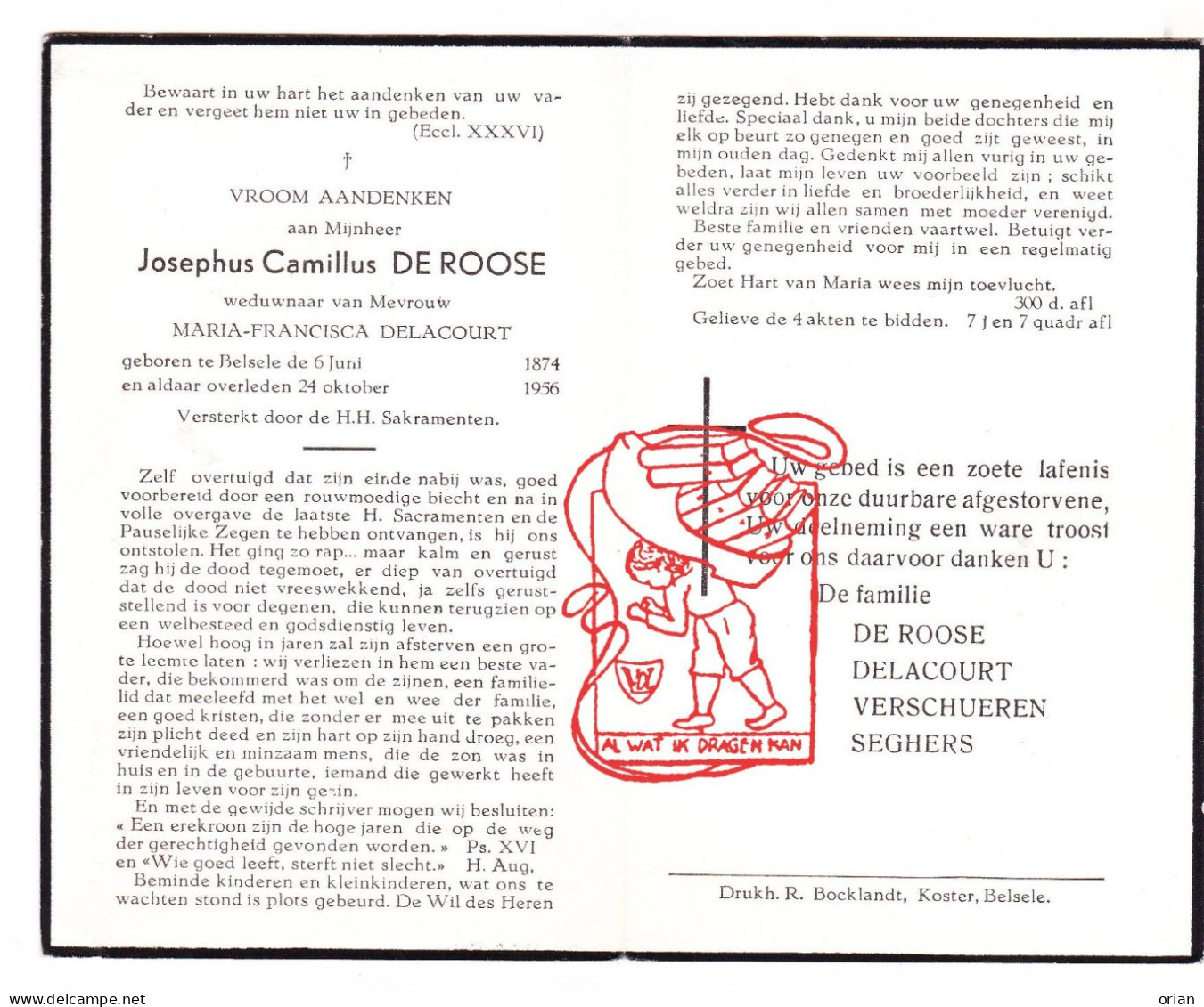 DP Josephus Camillus De Roose ° Belsele Sint-Niklaas 1874 † 1956 X Maria Delacourt // Verschueren Seghers - Devotion Images