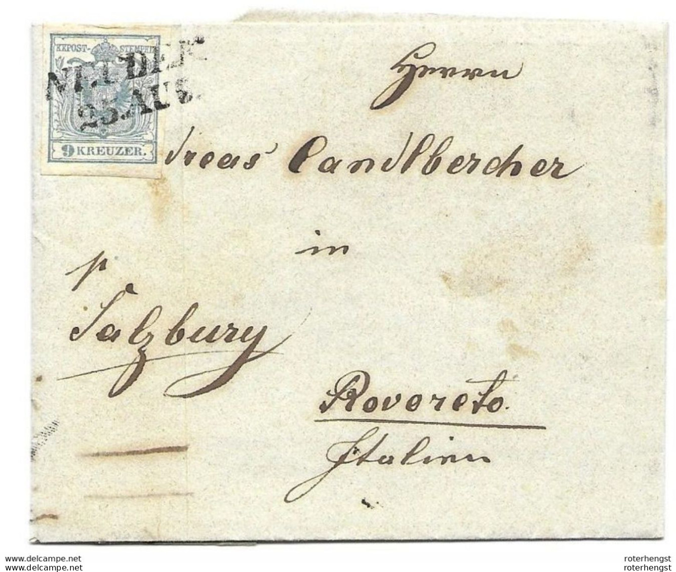 Neudek / Neudeck To Rovoreto Type I Letter From First Year 1850 (arrived 1.9.1850) 0,4 Mm Between 9 And K 400 Euros - Lombardo-Venetien