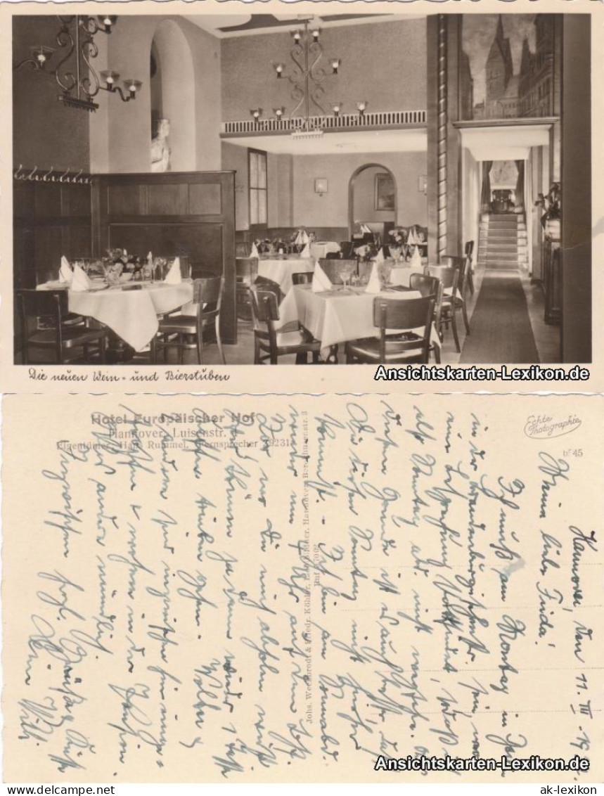 Ansichtskarte Hannover Hotel Europäischer Hof - Innenansicht 1937  - Hannover