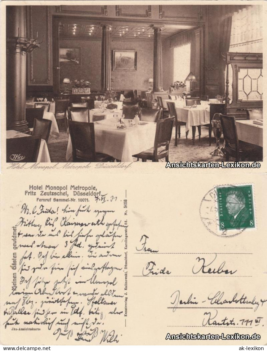 Ansichtskarte Düsseldorf Hotel Metropol - Weinrestaurant 1929  - Düsseldorf