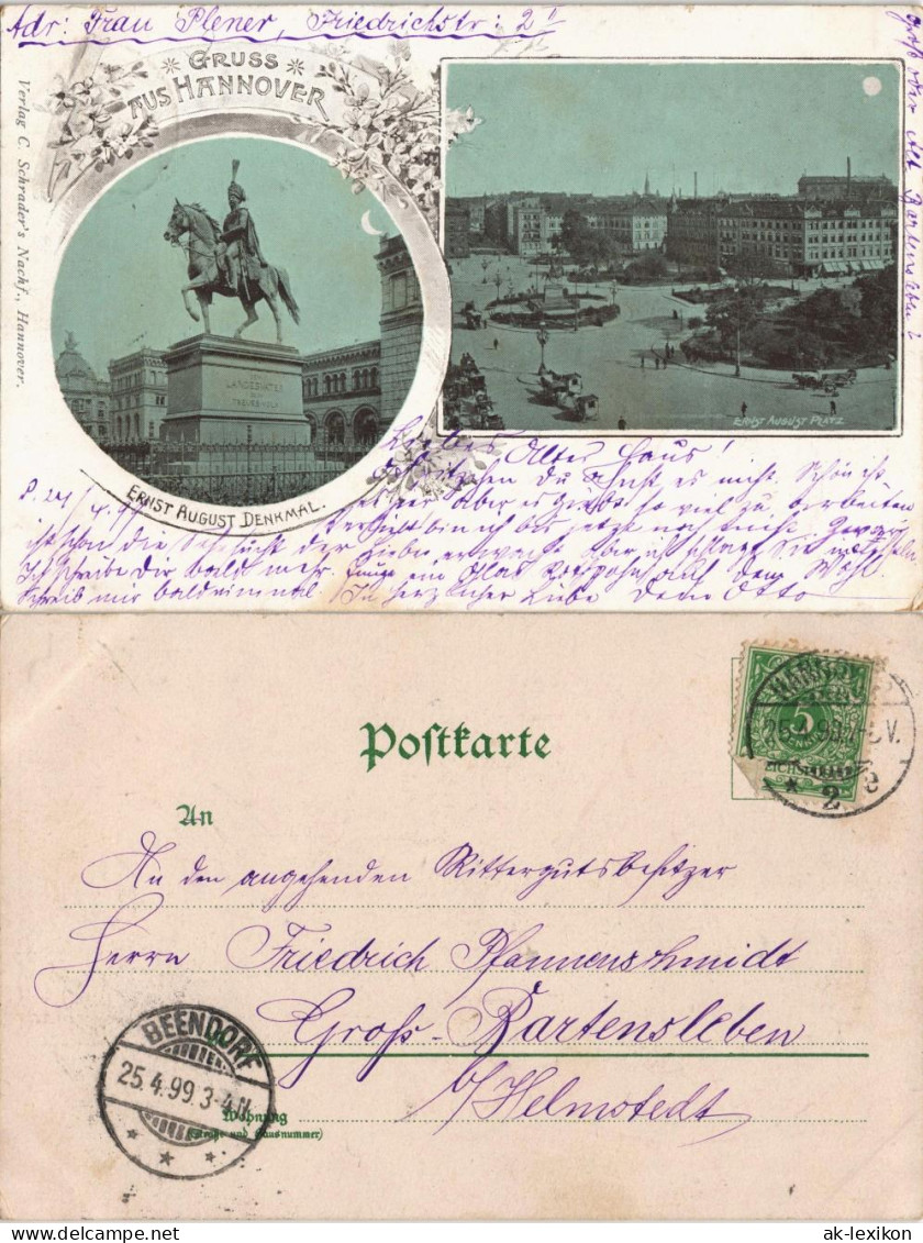 Ansichtskarte Hannover Ernst-August Platz. Denkmal 2 Bild Mondschein 1899 - Hannover