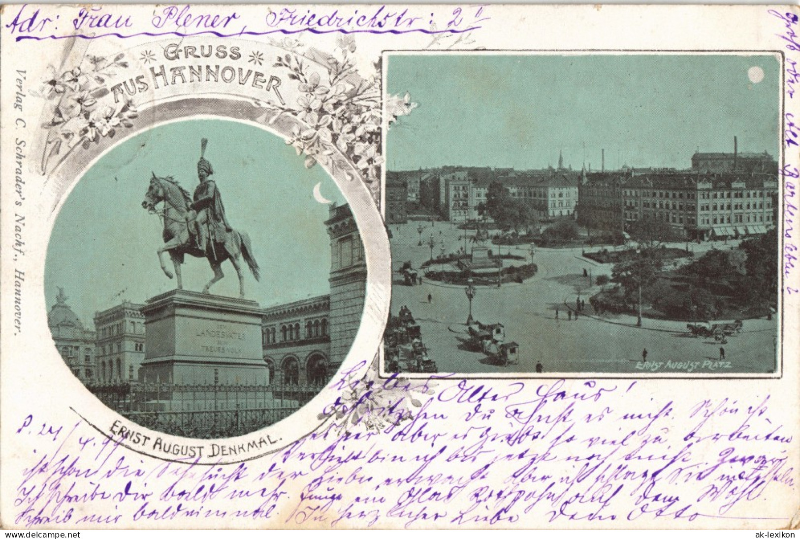 Ansichtskarte Hannover Ernst-August Platz. Denkmal 2 Bild Mondschein 1899 - Hannover