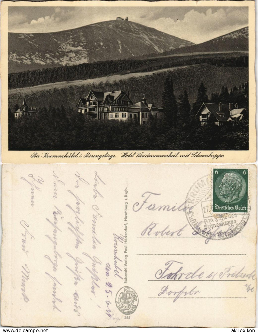 Postcard Krummhübel Karpacz Hotel Waidmannsheil Mit Schneekoppe 1936 - Schlesien