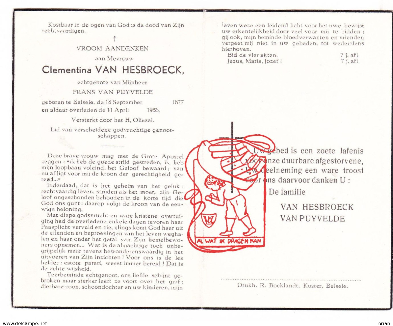 DP Clementina Van Hesbroeck ° Belsele Sint-Niklaas 1877 † 1956 X Frans Van Puyvelde - Devotion Images