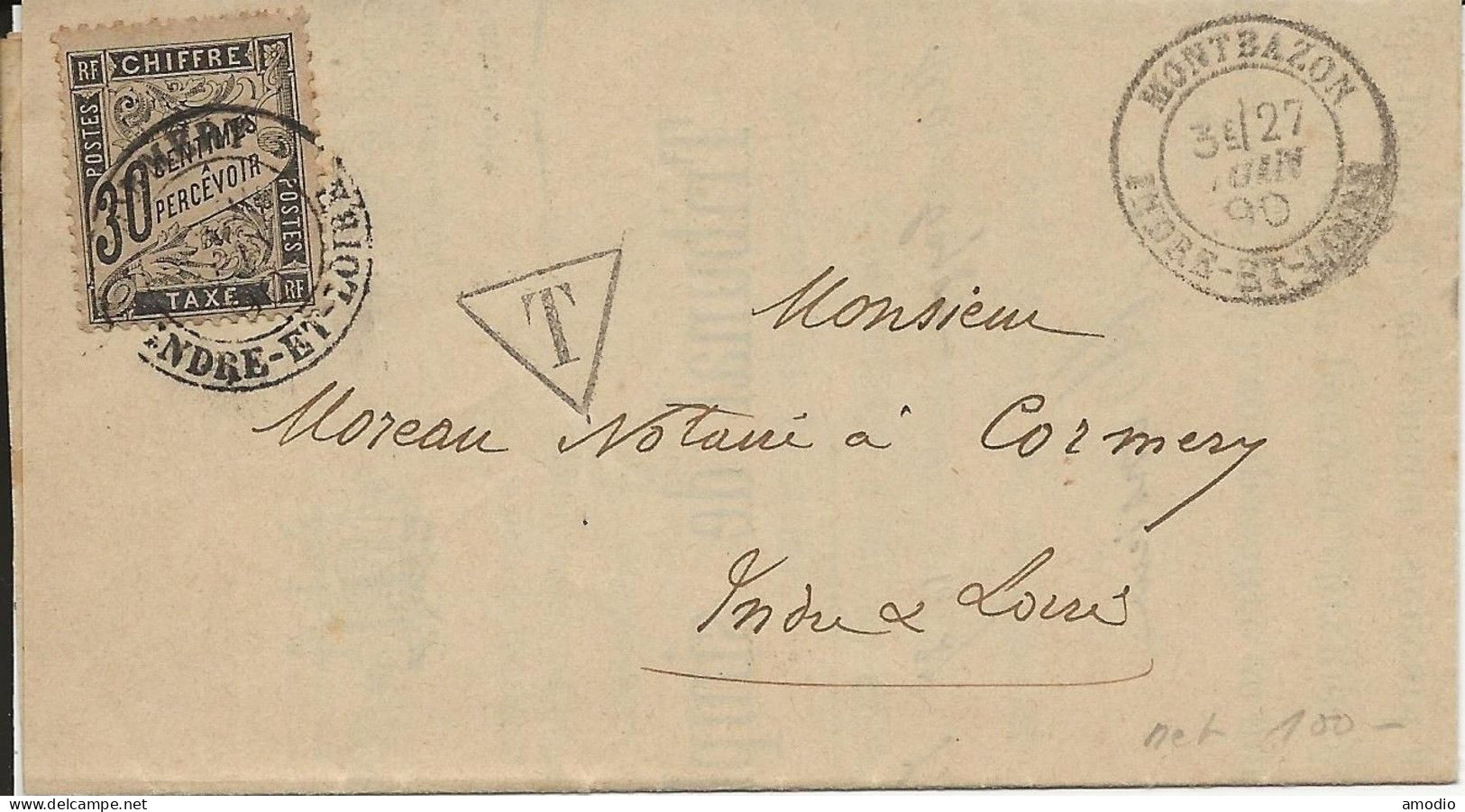 France Franchise Tribunal Taxée YT 18 Montbazon 27/06/90 Pour Cormery - 1859-1959 Lettres & Documents