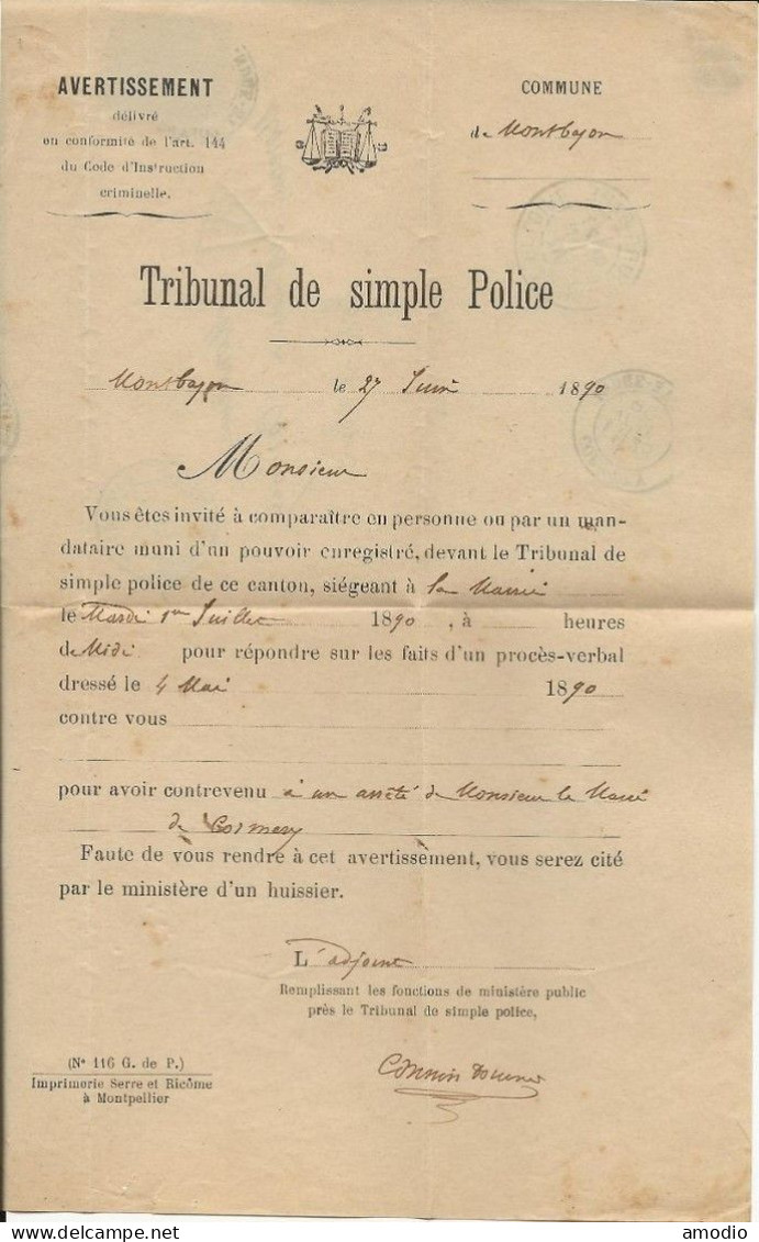 France Franchise Tribunal Taxée YT 18 Montbazon 27/06/90 Pour Cormery - 1859-1959 Cartas & Documentos