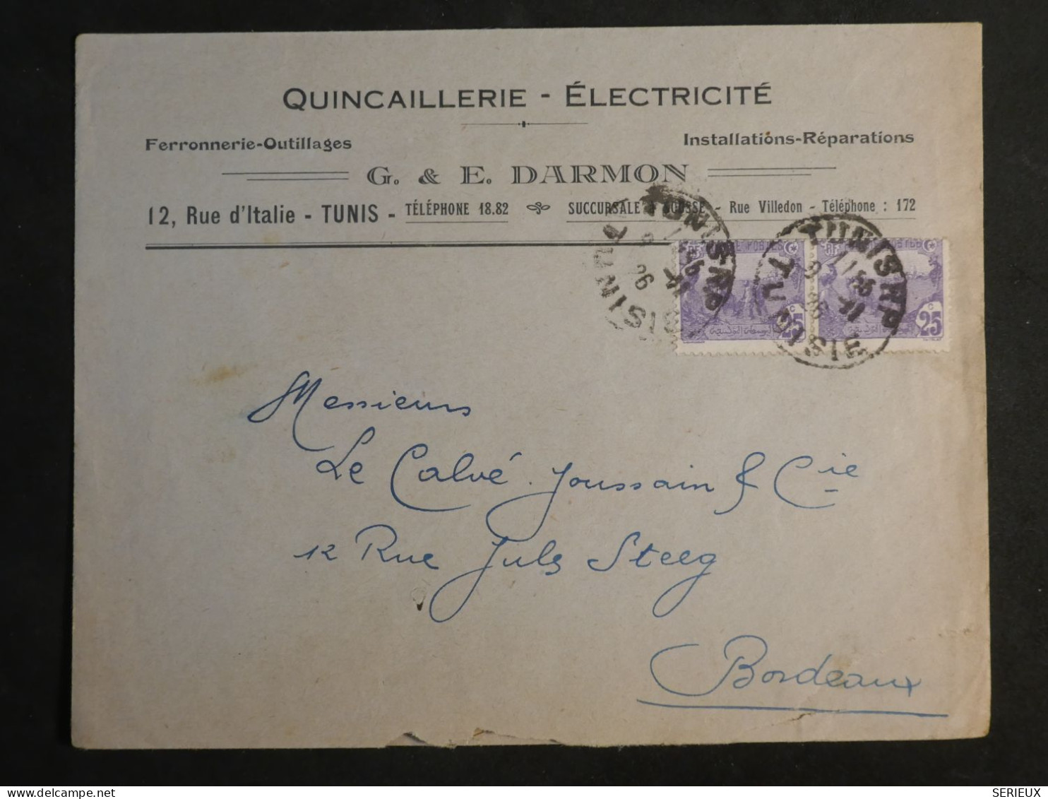 DO 7 TUNISIE LETTRE  1926  A BORDEAUX  FRANCE   + AFF. INTERESSANT++ - Lettres & Documents