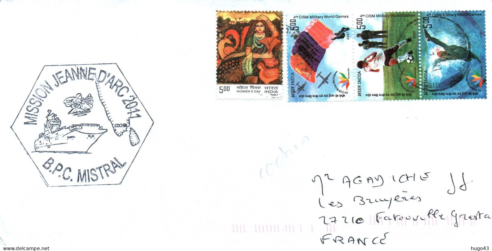 ENVELOPPE AVEC CACHET B.P.C. MISTRAL - MISSION JEANNE D' ARC 2011 - ESCALE EN INDE - BEAU TIMBRES. - Scheepspost