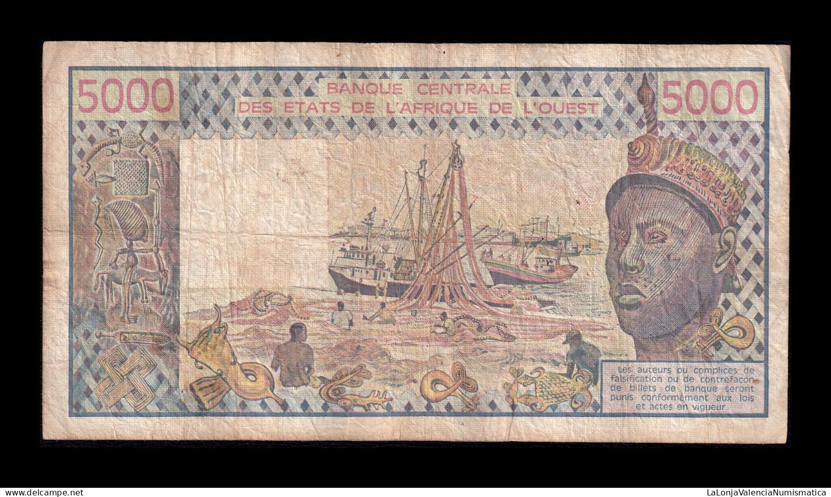 West African St. Senegal 5000 Francs 1989 Pick 708Kd Bc/Mbc F/Vf - West-Afrikaanse Staten