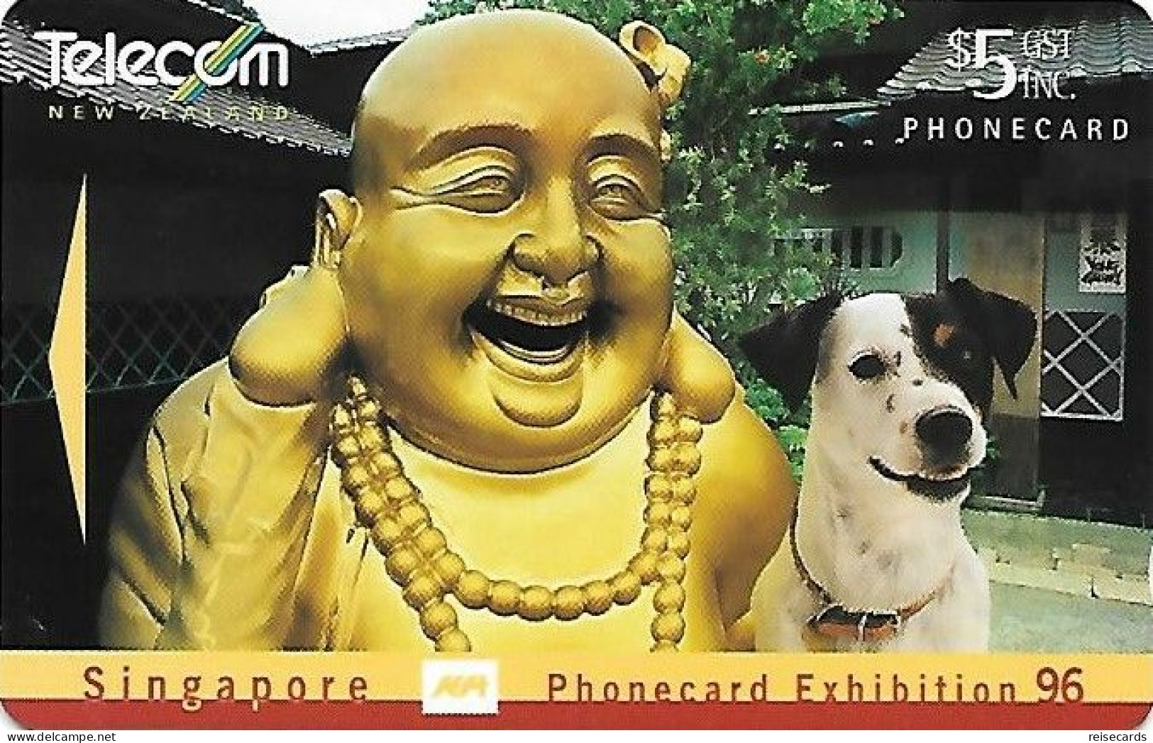 New Zealand: Telecom - 1996 Phonecard Exhibition Singapore 96, Spot Laughs With Golden Buddha - Neuseeland