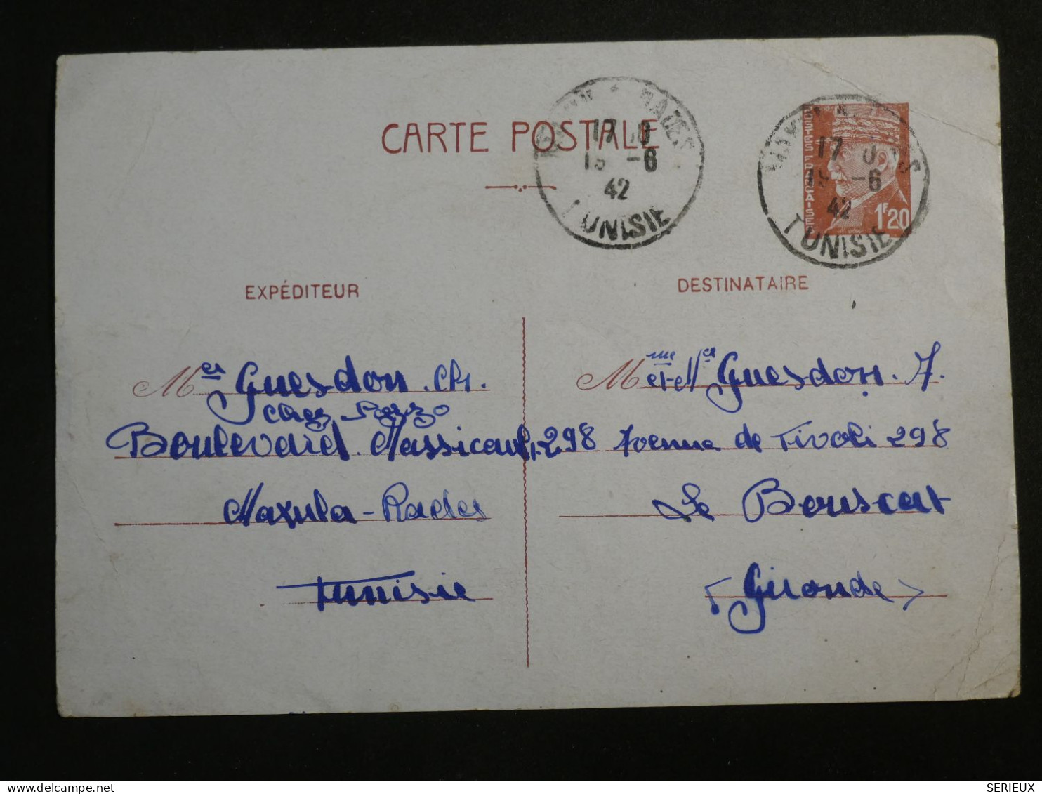 DO 7 TUNISIE   LETTRE  1942 TUNIS A BOUSCAT   + AFF. INTERESSANT++ - Lettres & Documents