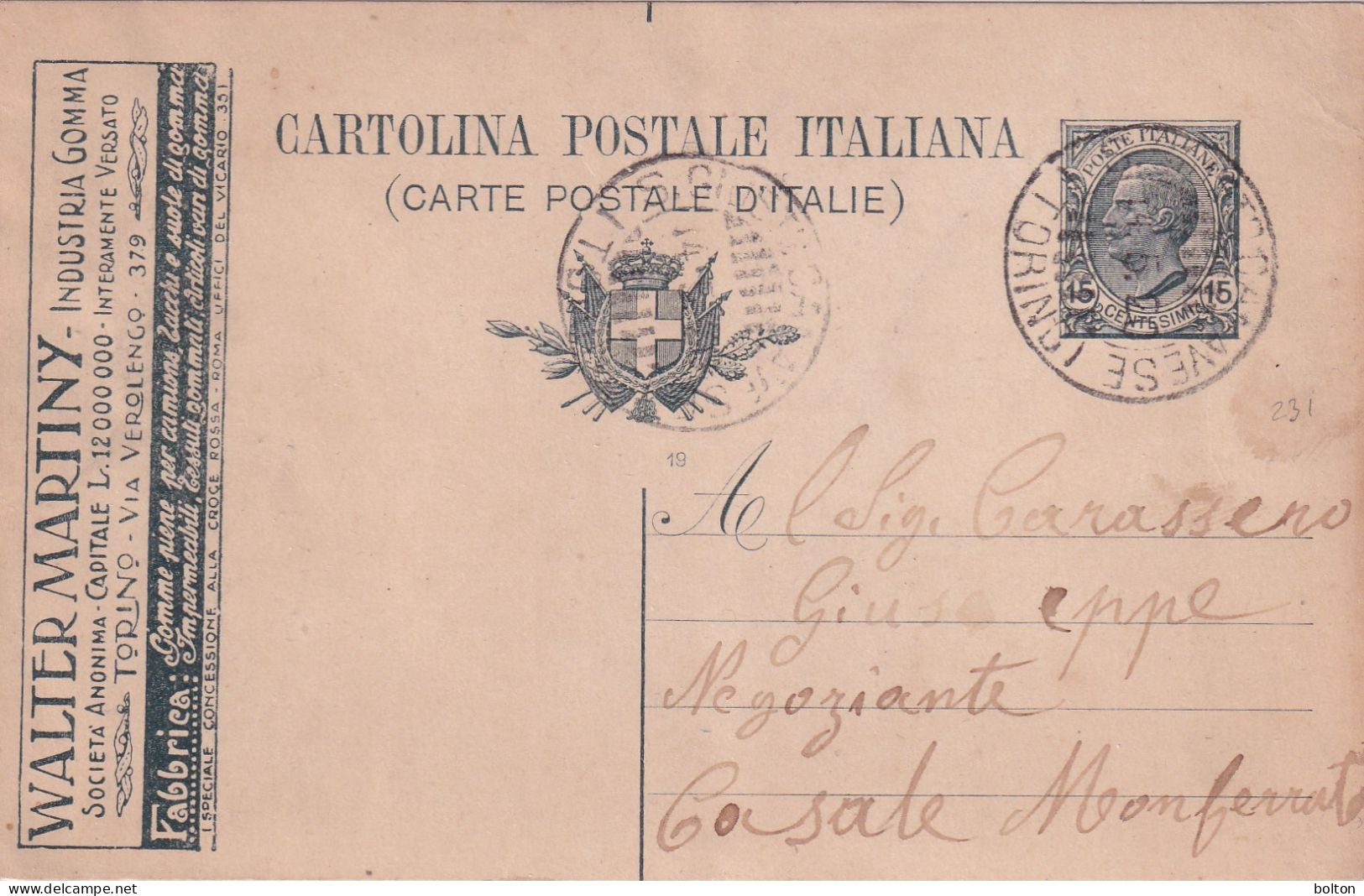 1919  Intero  Postale 15c Con I Pubblicità MARTINY Gomme Per Automobiloi - Autos