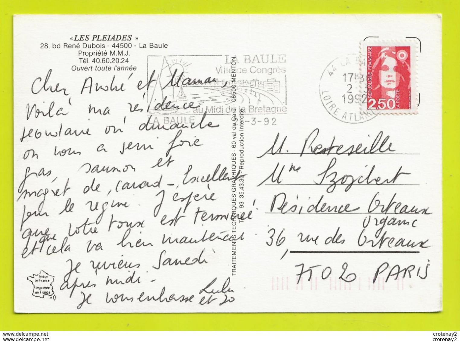 44 LA BAULE Hôtel LES PLEIADES Bd René Dubois Propriété M.M.J VOIR DOS Et Flamme En 1992 - La Baule-Escoublac