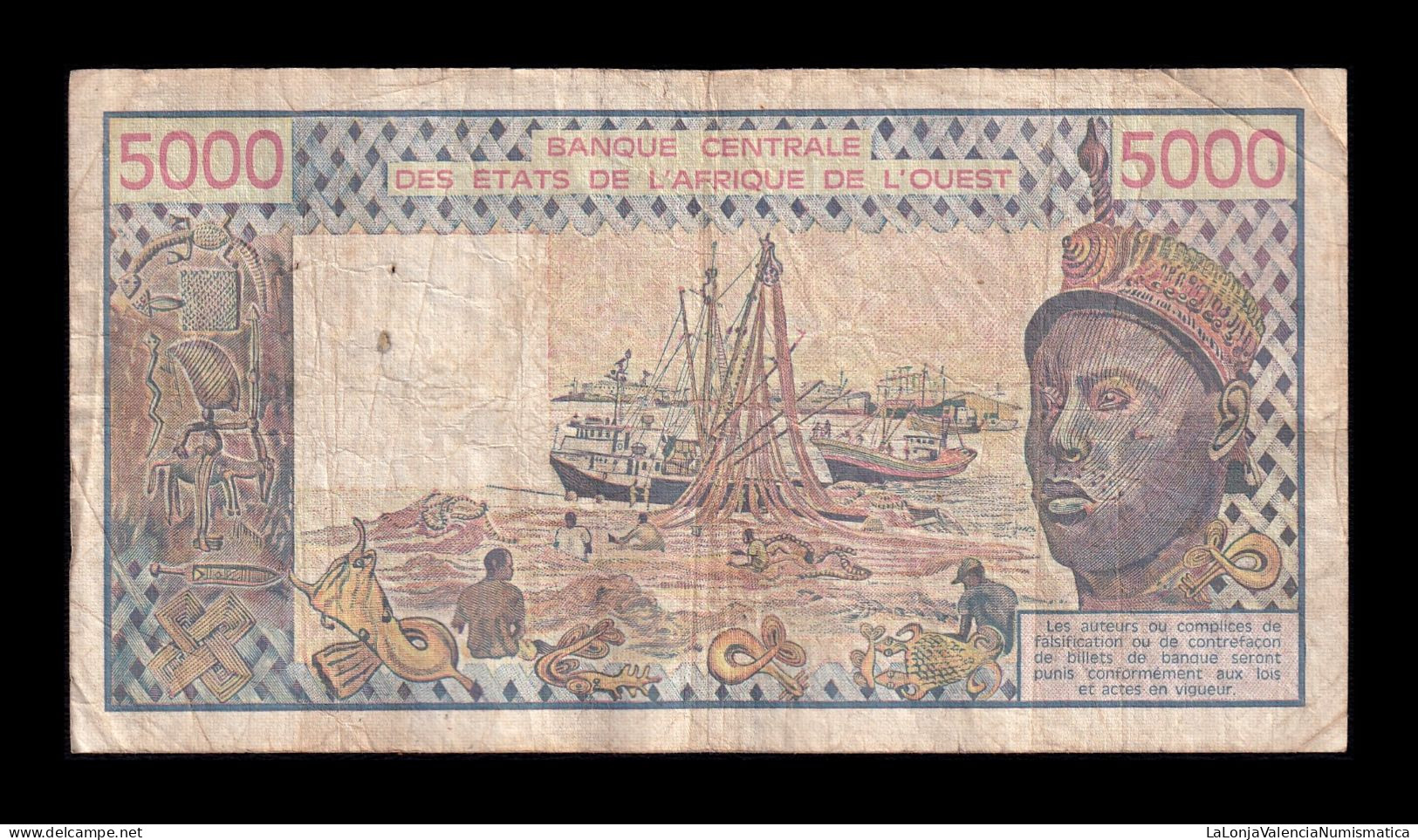 West African St. Senegal 5000 Francs 1990 Pick 708Km Bc/Mbc F/Vf - Estados De Africa Occidental