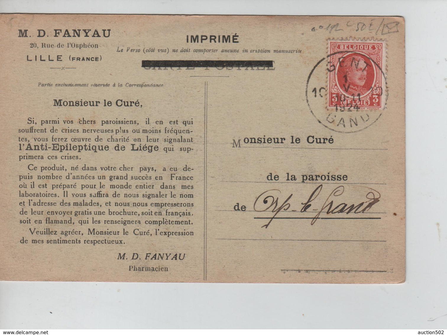 26PR/ TP 192 S/CP Mont-St.-Michel Repiquage M.D.Fanyau Produit Anti-Epileptique De Liège C.Gent 1924 > Curé Orp-Le-Grand - Brieven En Documenten