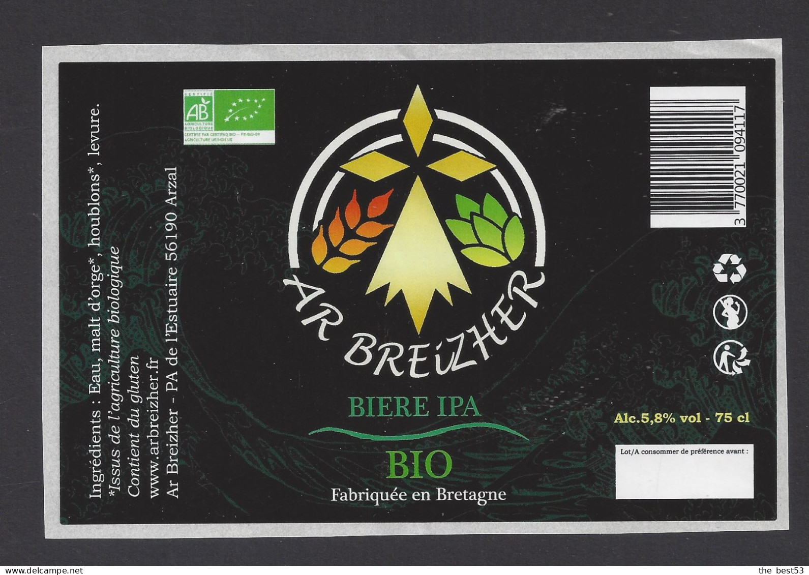 Etiquette De Bière IPA  Bio  -  Brasserie Ar Breizher  à  Arzal  (56) - Cerveza