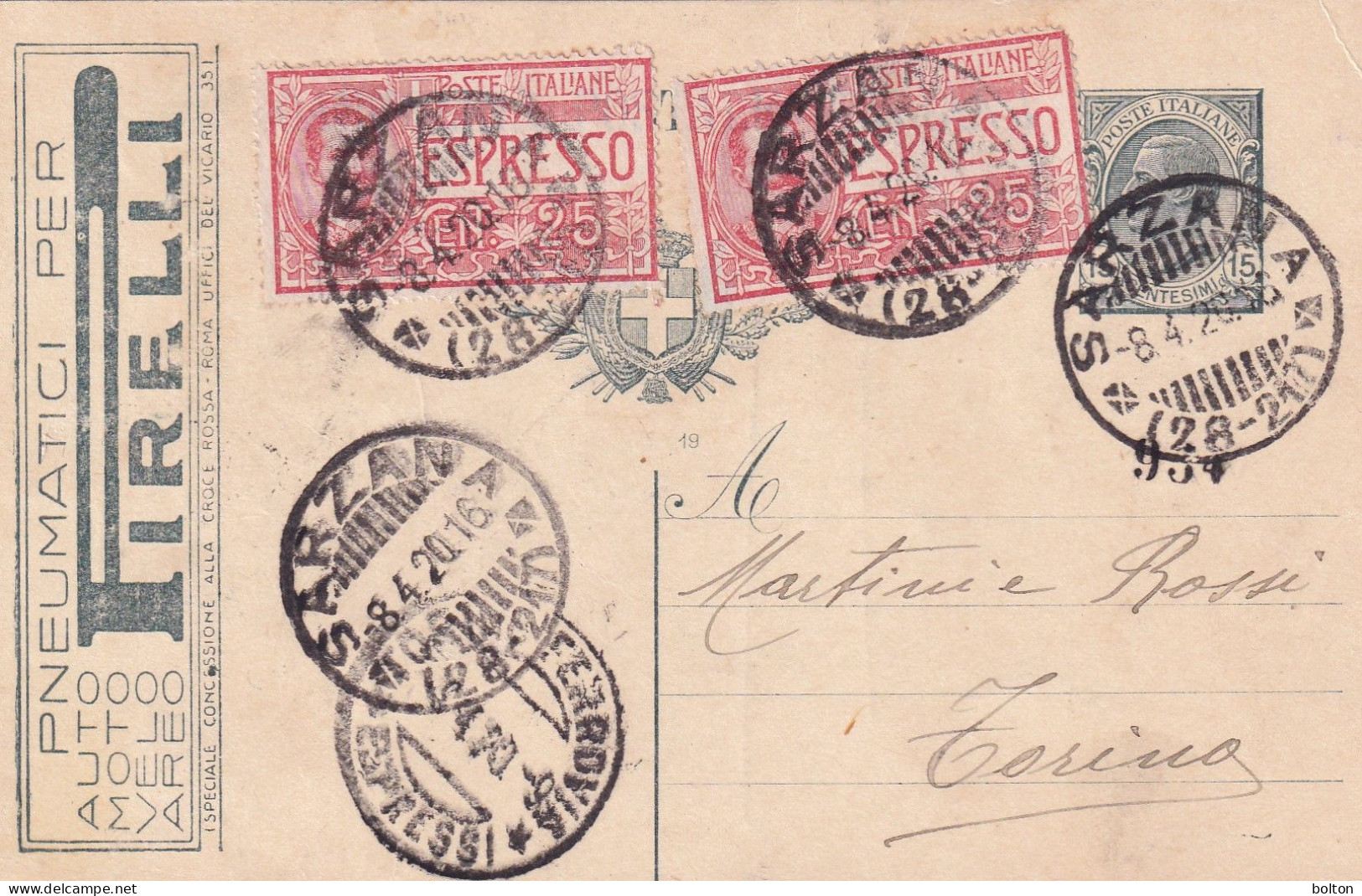 1919-21 N. 3   Intero  Postale 15c Con I Pubblicità Due Pirelli E 1 Banca Uno Con Aggiunta Di 2 Espressi - Voitures