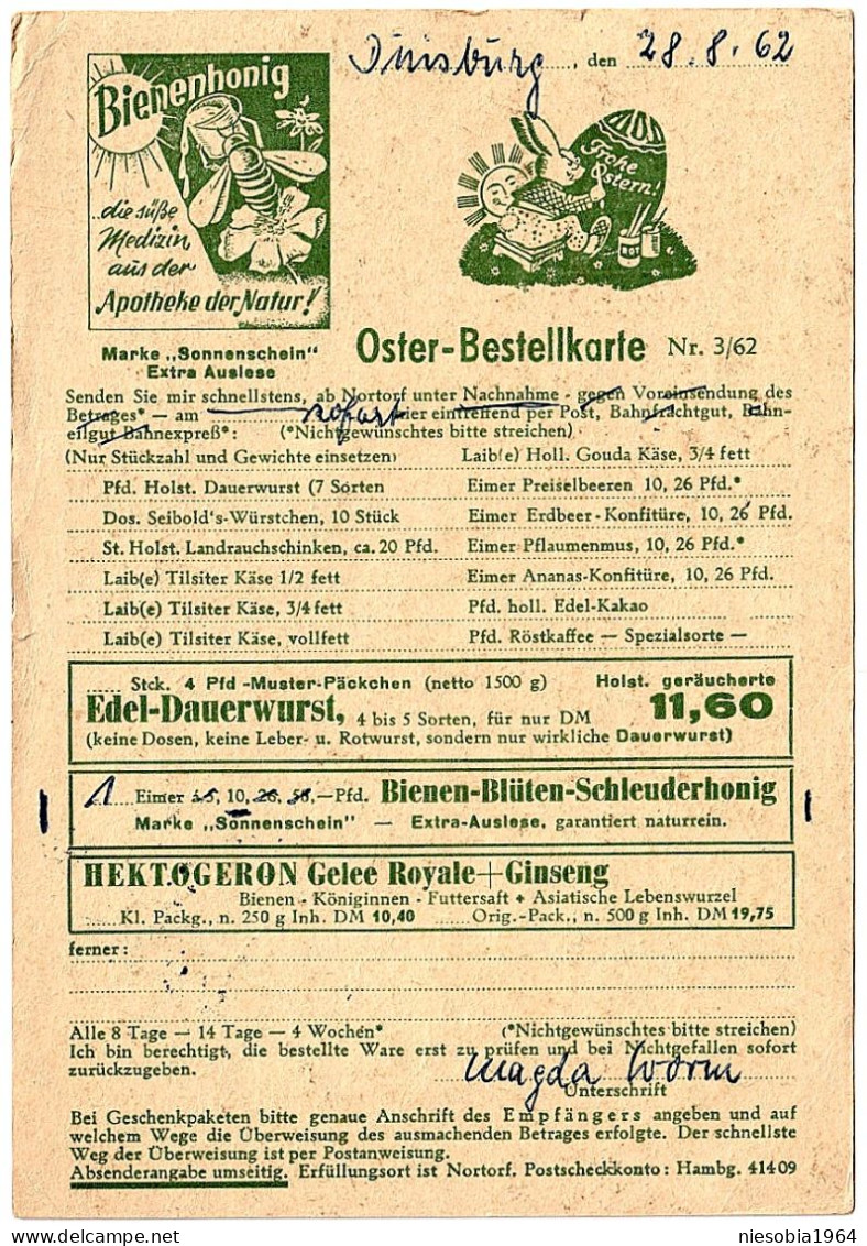 Company Postcard Nortorf Seibold & Co. Bees Honey Beekeeping Pharmacy Seal Duisburg 29.8.1962 - Andere & Zonder Classificatie