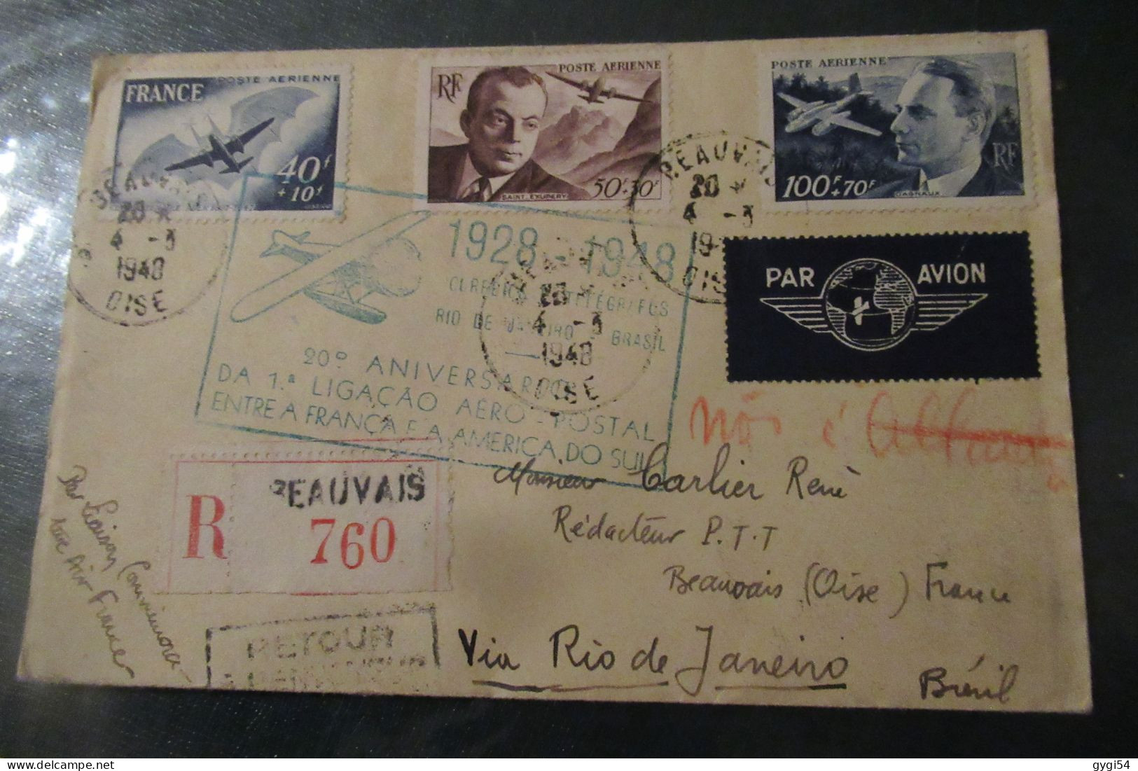 LETTRE RECOMMANDEE CACHET  1928 1948 DE BEAUVAIS Via RIO DE JANEIRO - First Flight Covers