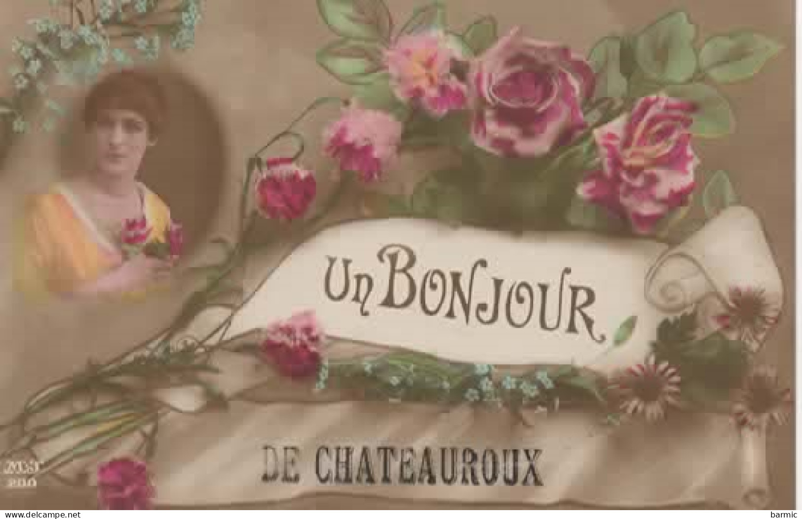 FANTAISIE, UN BONJOUR DE CHATEAUROUX, JEUNE FEMME FLEURS COULEUR REF 16160 - Other & Unclassified