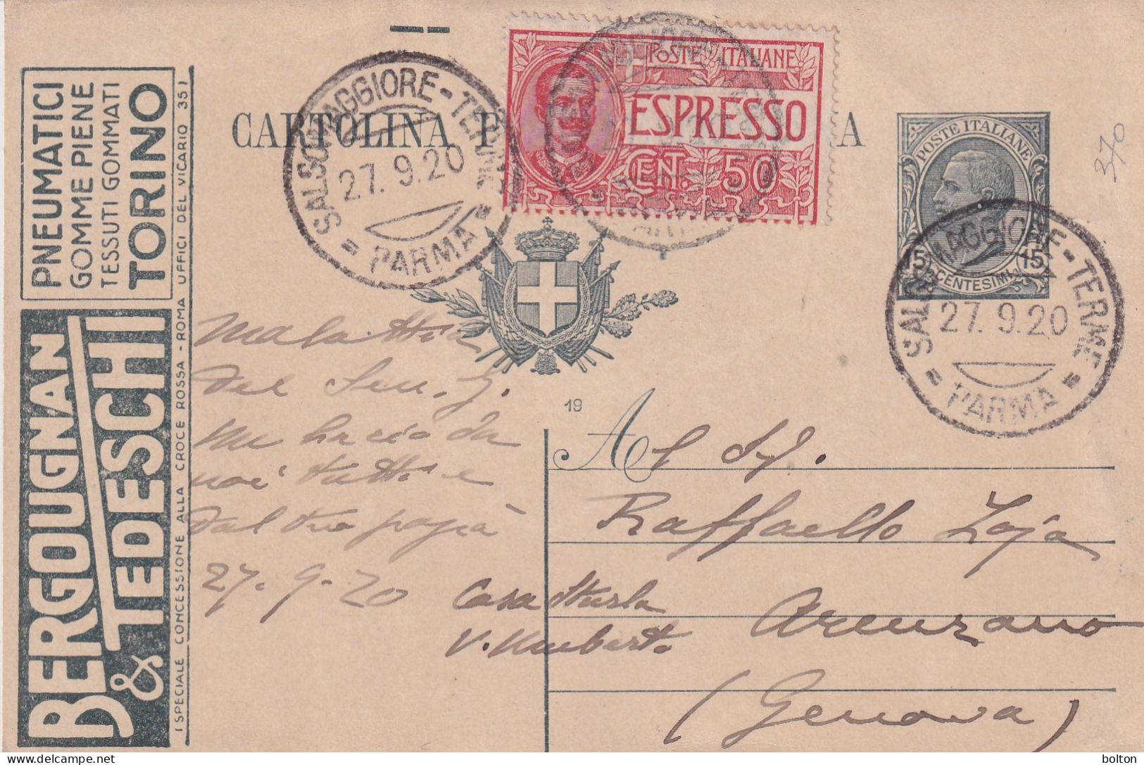 1919   Intero  Postale  15c Con I Pubblicità  BERGUGNAN & TEDESCHI PNEUMATICI PER AUTOMOBILE TORINO CON ESPRESSO - Voitures
