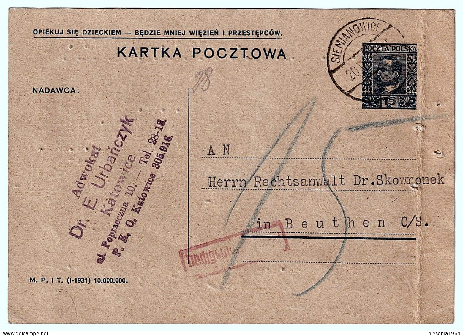 Slogan: "Take Care Of Your Child - There Will Be Fewer Prisons And Criminals - Poland Official Postcard 15 Gr. 20.6.1931 - Briefe U. Dokumente