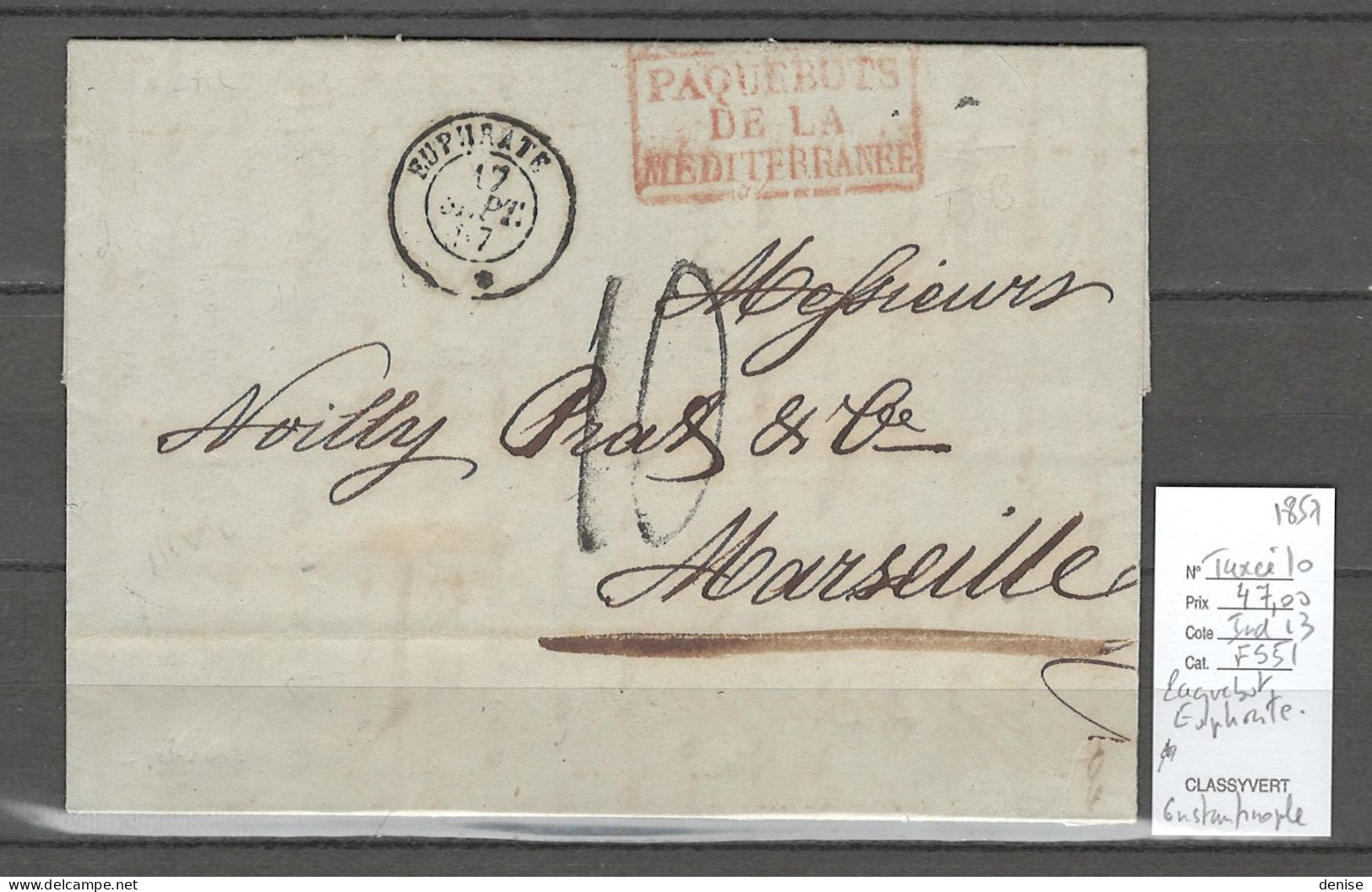 France -Lettre Du Paquebot De La Méditerranée  EUPHRATE  -1857 - Constantinople Pour Marseille - Maritime Post