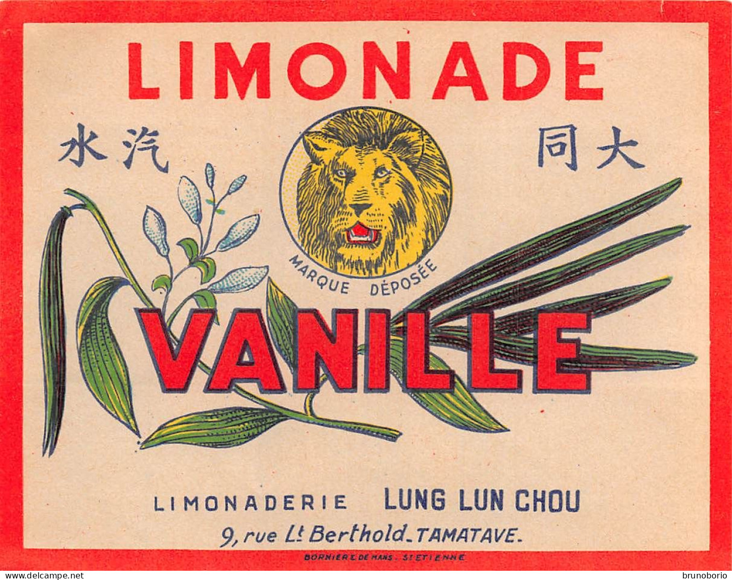 00145  "LIMONADE VANILLE - . LIMONADERIE LUNG LUN CHOU - TAMATAVE - MADAGASCAR" ETICH. ORIG ANIM. NOTIZIE - Frutas Y Legumbres