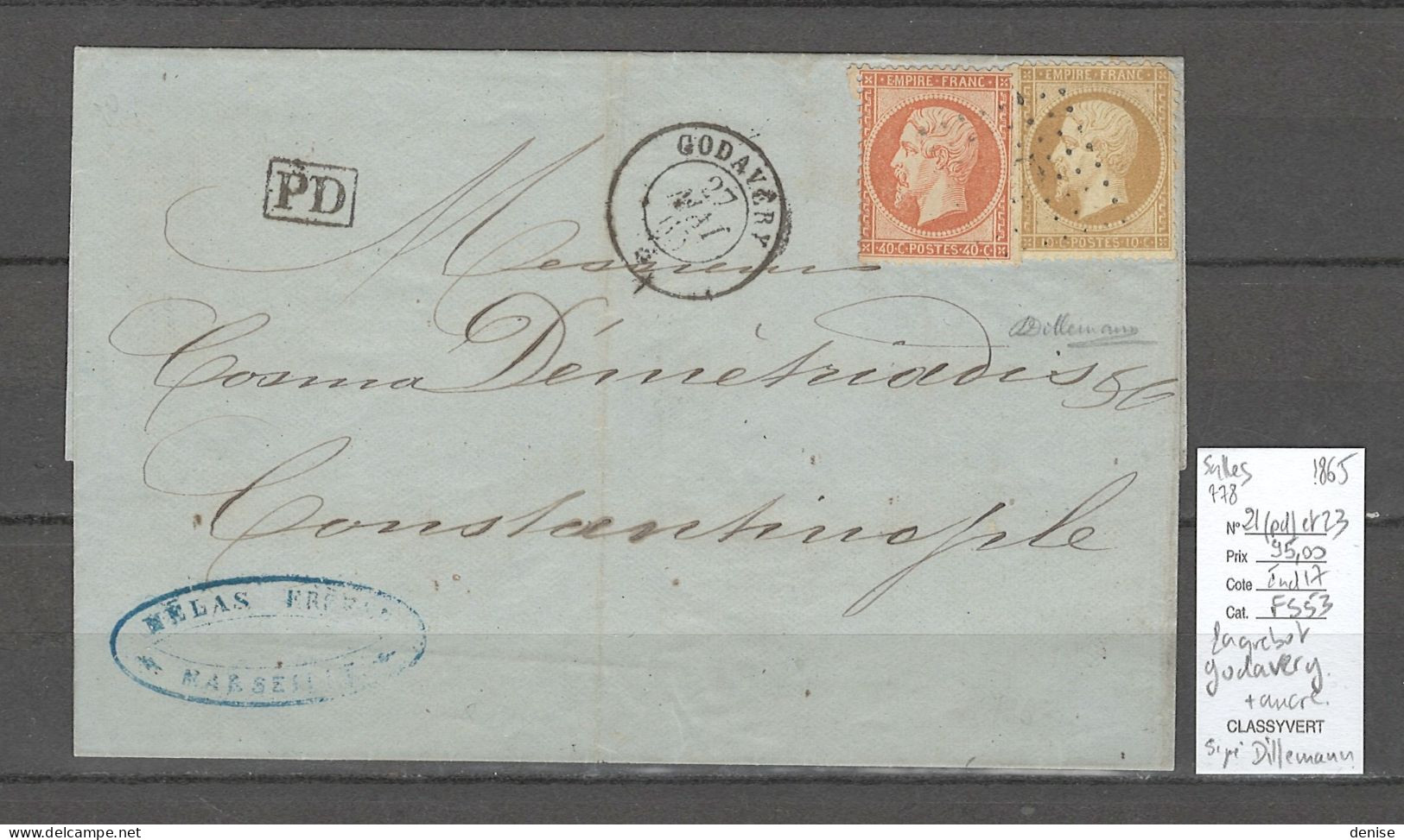France -Lettre Du Paquebot De La Méditerranée  GODAVERY - Pour Constantinople - 1865 - Maritime Post