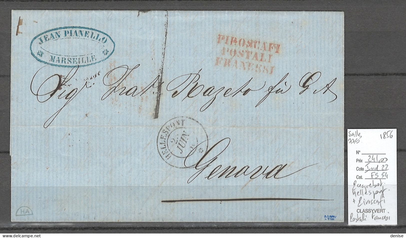 France -Lettre Du Paquebot De La Méditerranée  HELLESPONT Pour Genes - 1856 - Piroscafi Postali Francesi - Maritime Post