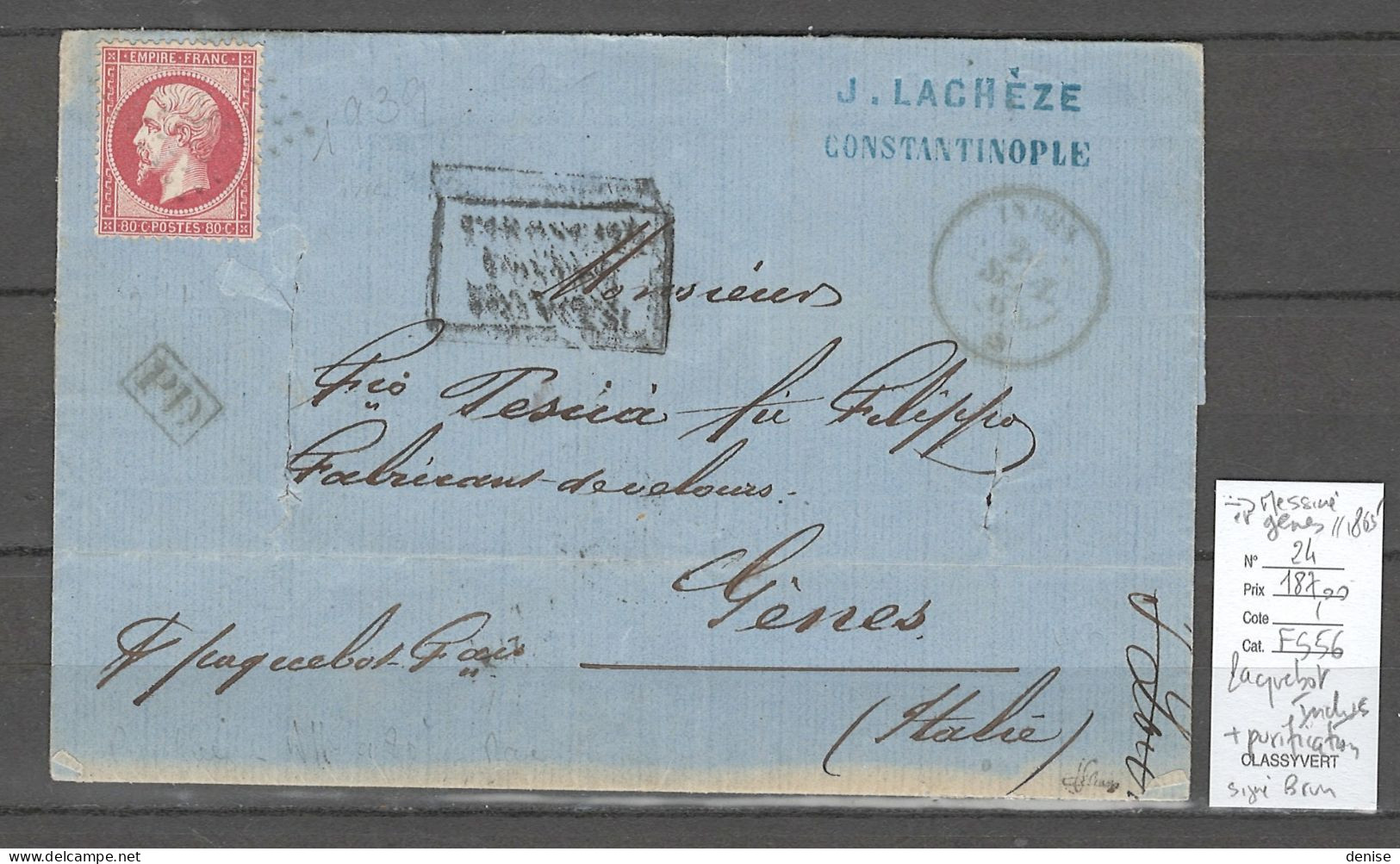 France -Lettre Du Paquebot De La Méditerranée  INDUS - PURIFIEE - 1865 Constantinople Pour Genes - Italie - Correo Marítimo