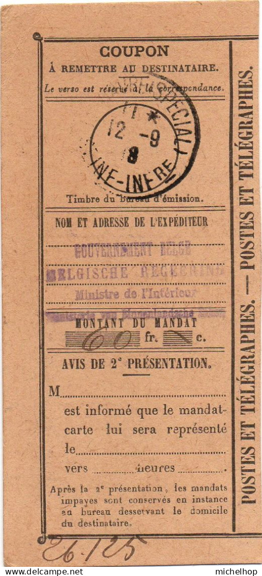 Coupon De Mandat (Gouvernement Belge Ministère De L'Intérieur) - Oblitération Le Havre (Spécial) Du 12-9-1918 - Other & Unclassified