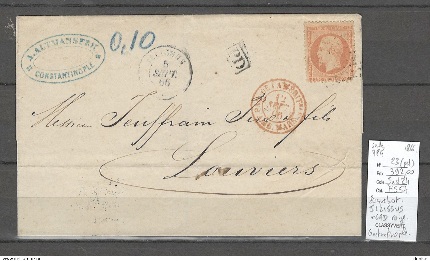 France -Lettre Du Paquebot De La Méditerranée  ILLISSUS - 1866 - Constantinople Pour Louviers - Correo Marítimo