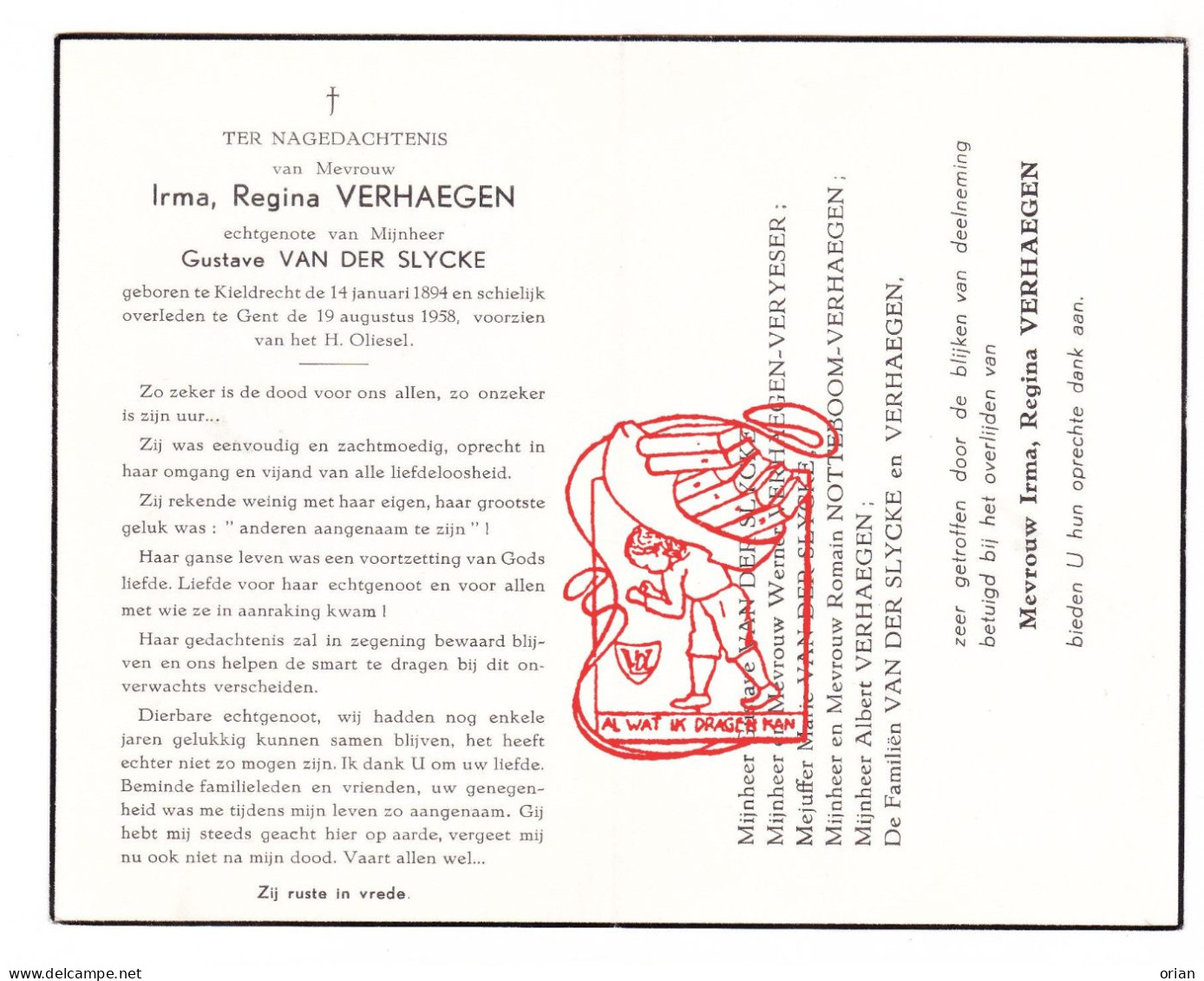 DP Irma Regina Verhaegen ° Kieldrecht Beveren Waas 1894 † Gent 1958 X Gustave Van Der Slycke // Veryeser Notteboom - Devotion Images