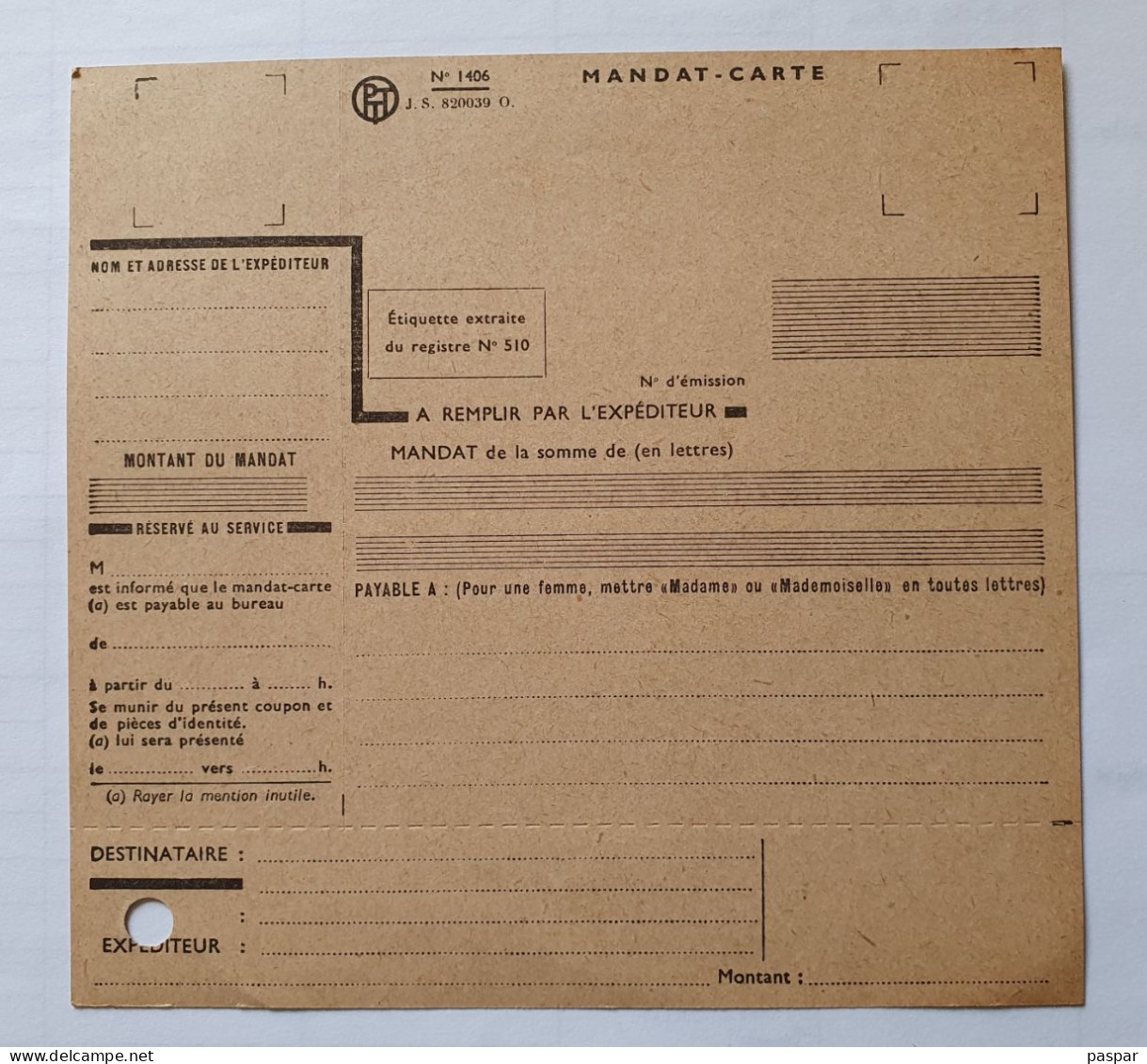 Mandat Carte Vierge PTT N° 1406  France Poste - Documents Of Postal Services