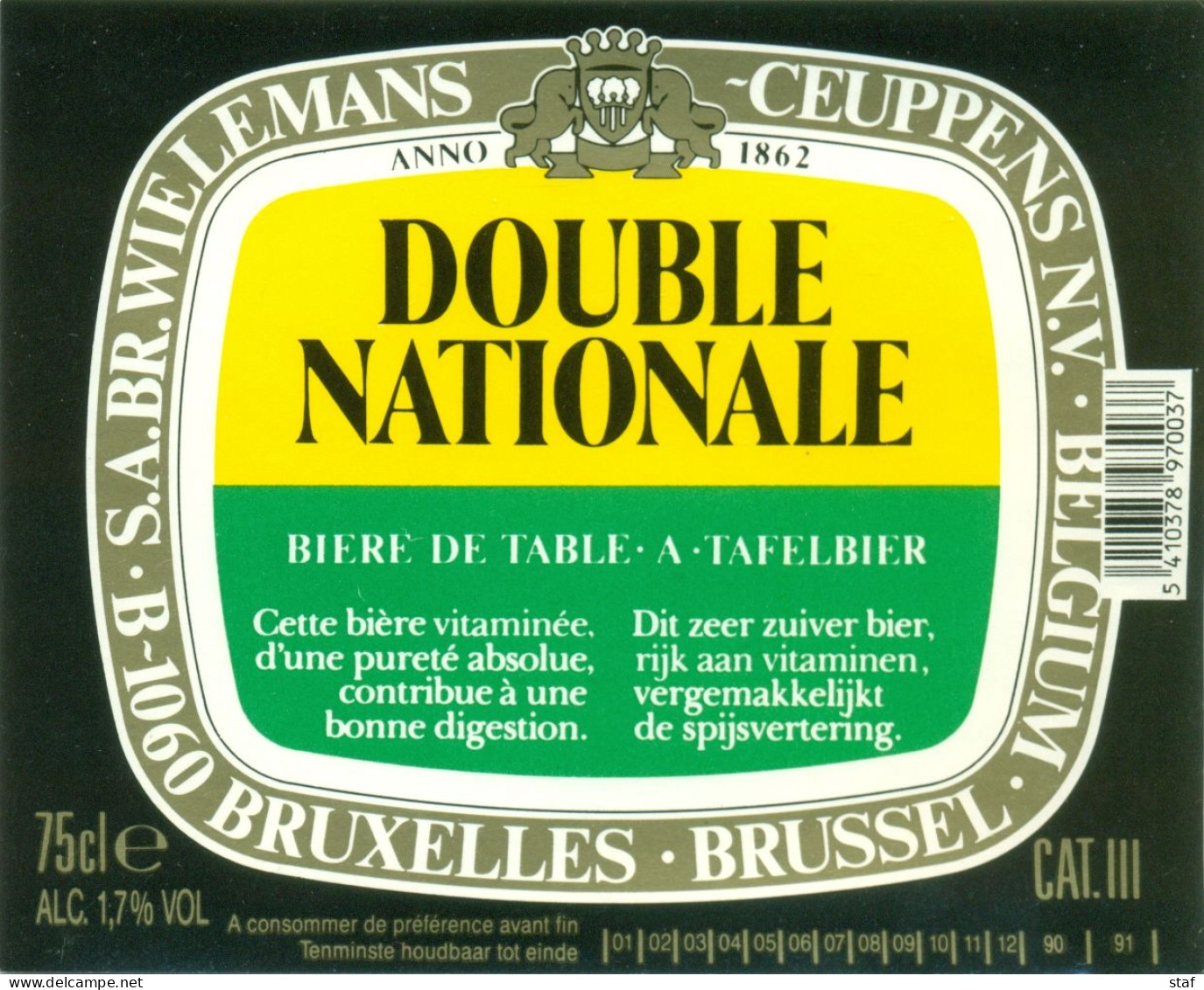 Oud Etiket Bier Double Nationale 75 Cl - Brouwerij / Brasserie Wielemans-Ceuppens Te Brussel - Cerveza